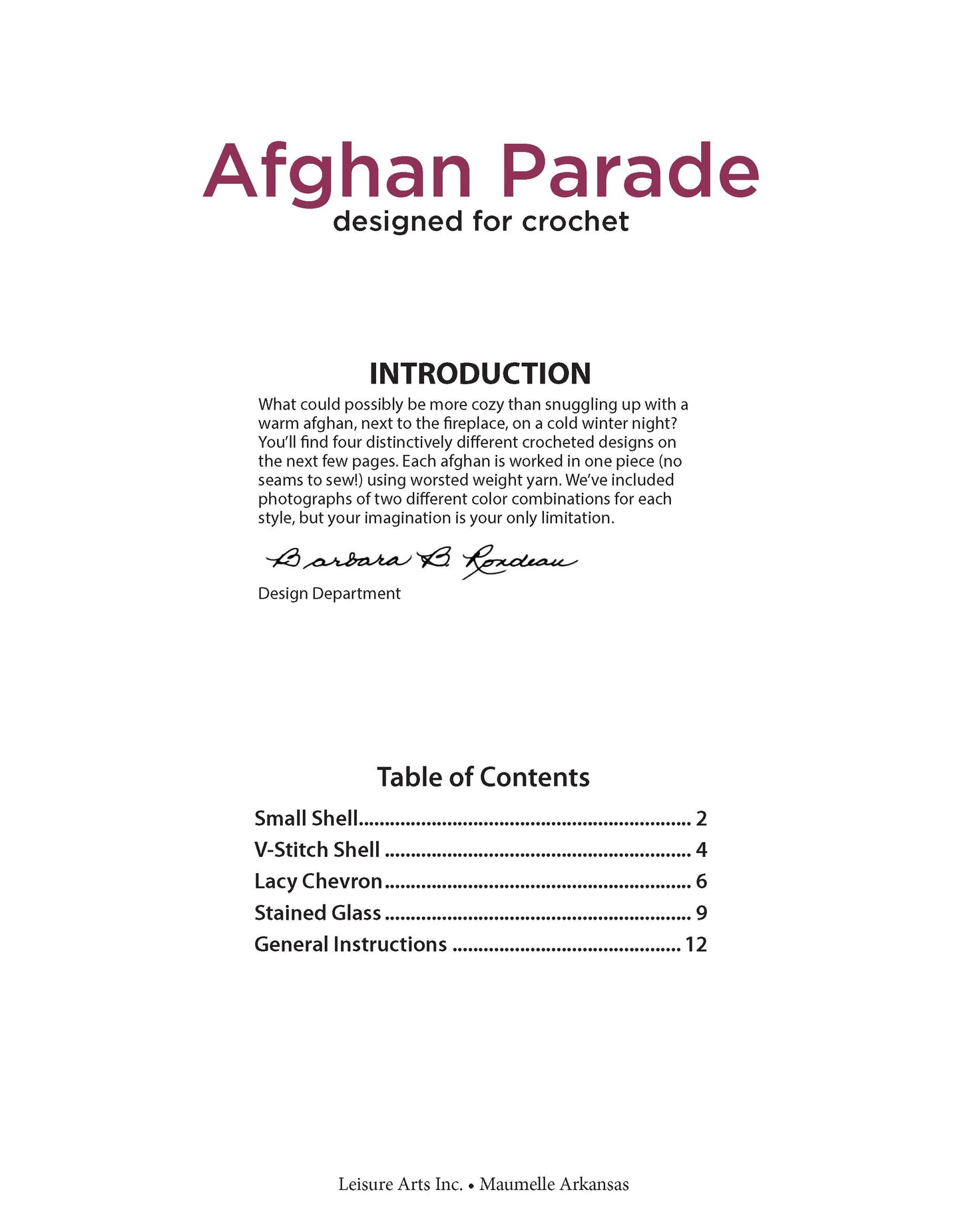 Leisure Arts’ Afghan Parade features beginner-friendly crochet afghan patterns, a signature, and contents list: Small Shell, V-Stitch Shell, Lacy Chevron, Stained Glass, plus General Instructions.