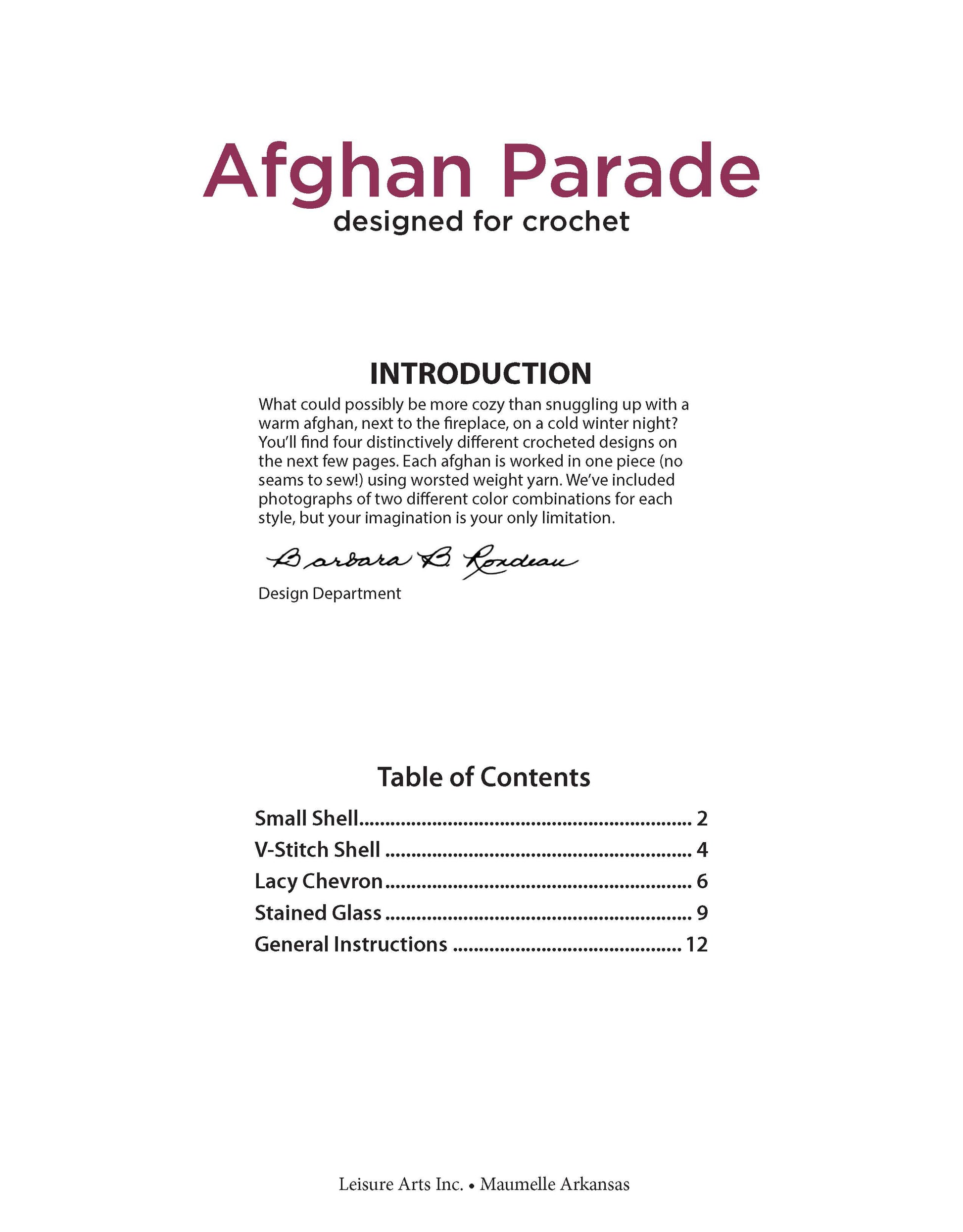 Leisure Arts’ Afghan Parade features beginner-friendly crochet afghan patterns, a signature, and contents list: Small Shell, V-Stitch Shell, Lacy Chevron, Stained Glass, plus General Instructions.