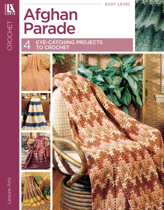 Cover of "Afghan Parade" by Leisure Arts, a crochet pattern book showcasing four colorful crocheted afghans—ideal beginner projects—displayed on chairs and sofas with a leafy patterned curtain in the background.