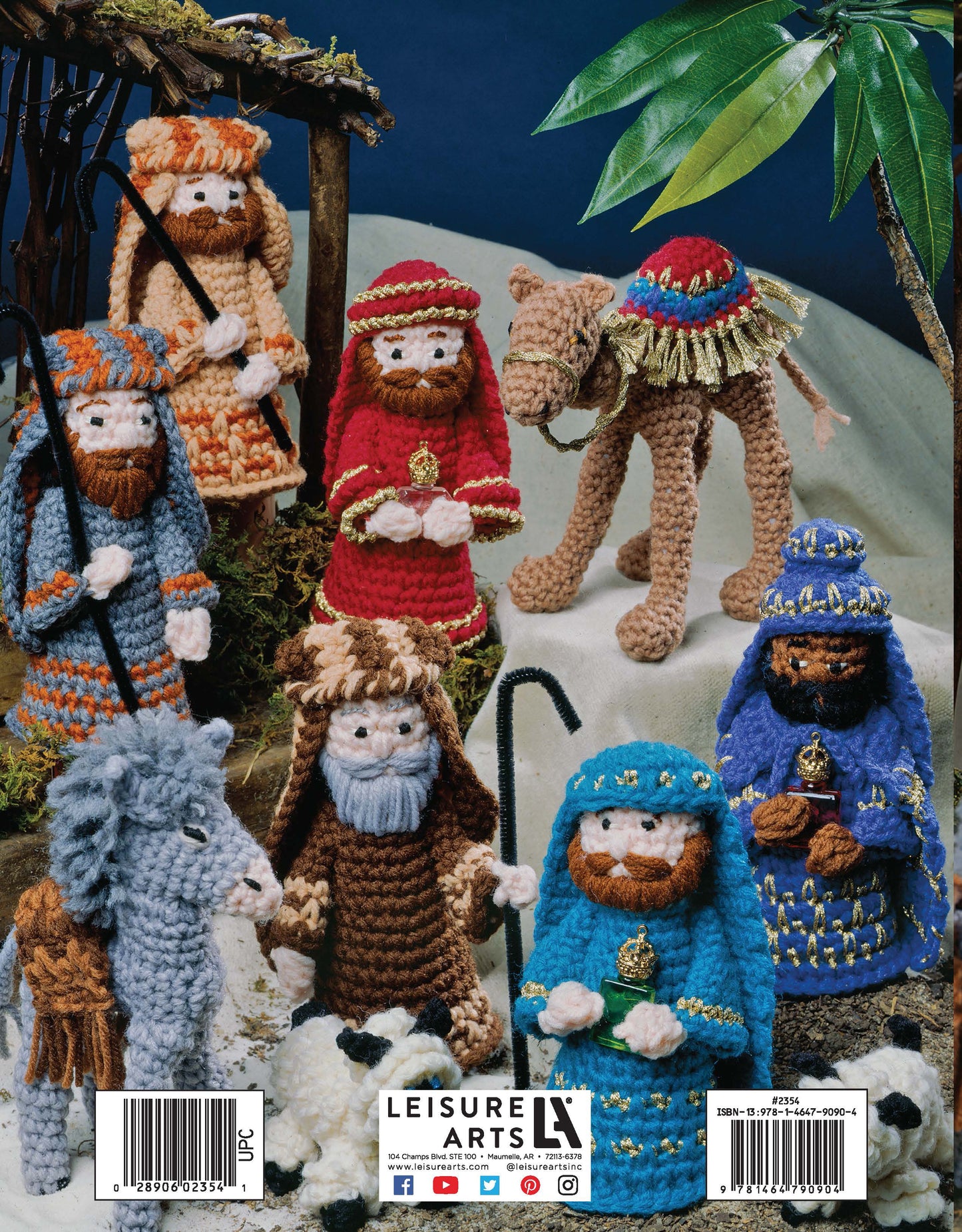Away in a Manger—A Crochet Nativity by Leisure Arts features Mary, Joseph, baby Jesus, 3 wise men, a shepherd, a donkey, a camel, and a palm tree—all made with worsted weight yarn for a charming display.