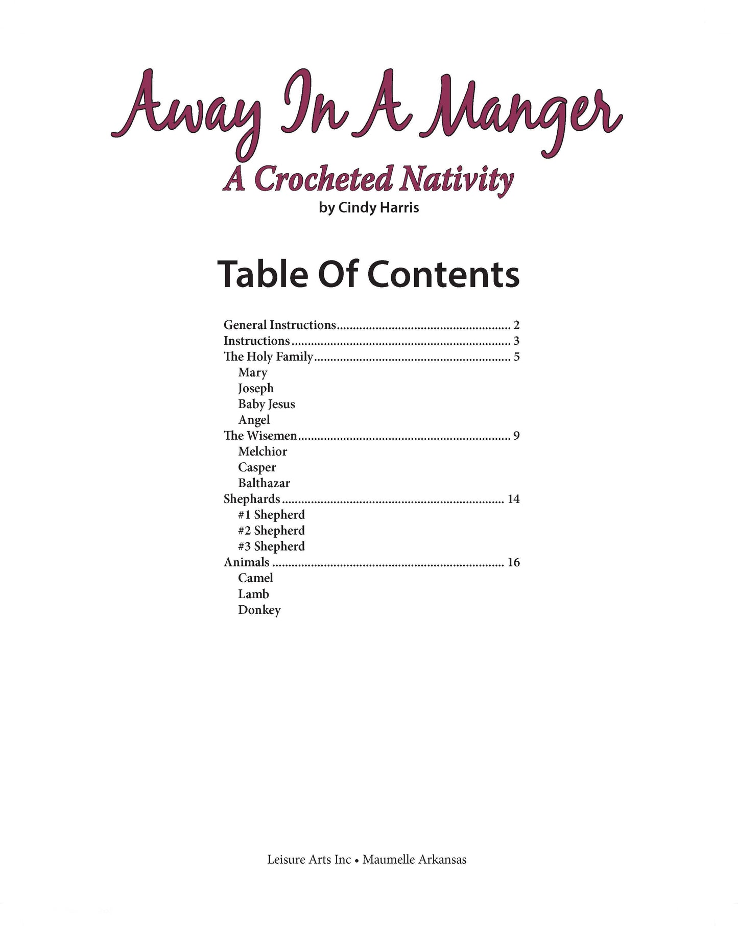 Cover of *Away in a Manger—A Crochet Nativity* by Leisure Arts, showcasing a table of contents listing crochet patterns for a nativity set made with worsted weight yarn.