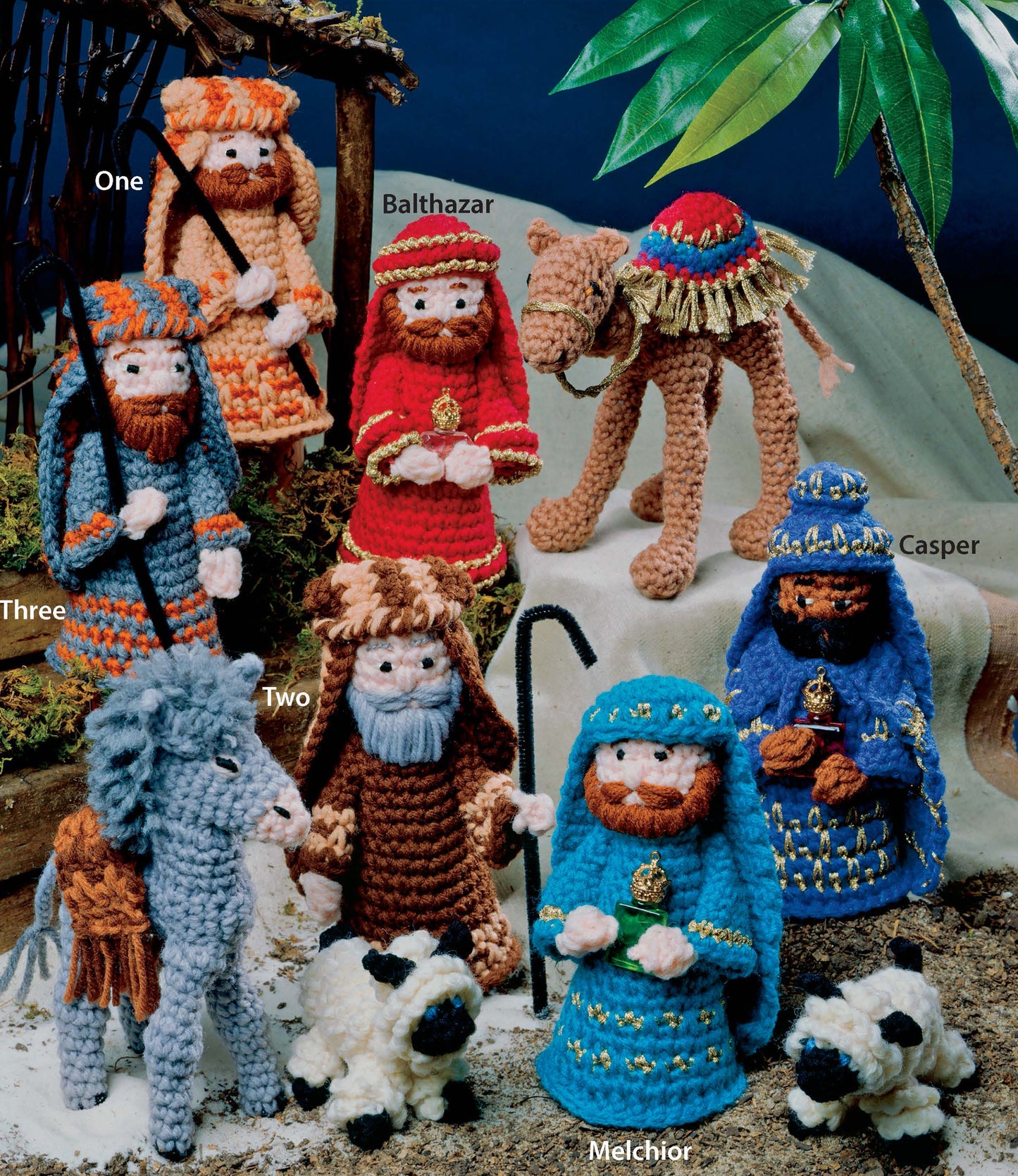 Away in a Manger—A Crochet Nativity by Leisure Arts features worsted weight yarn patterns for the Three Wise Men, a shepherd with sheep, donkey, camel, palm tree, and labeled figures—ideal for unique holiday crochet projects.