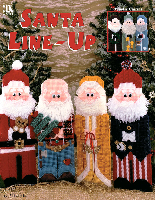 Santa Line-Ups in Plastic Canvas Digital Download by Leisure Arts features four handmade Santa figures with unique outfits and accessories. Perfect for beginners, this fun project includes an inset image of the Santas against a festive background.