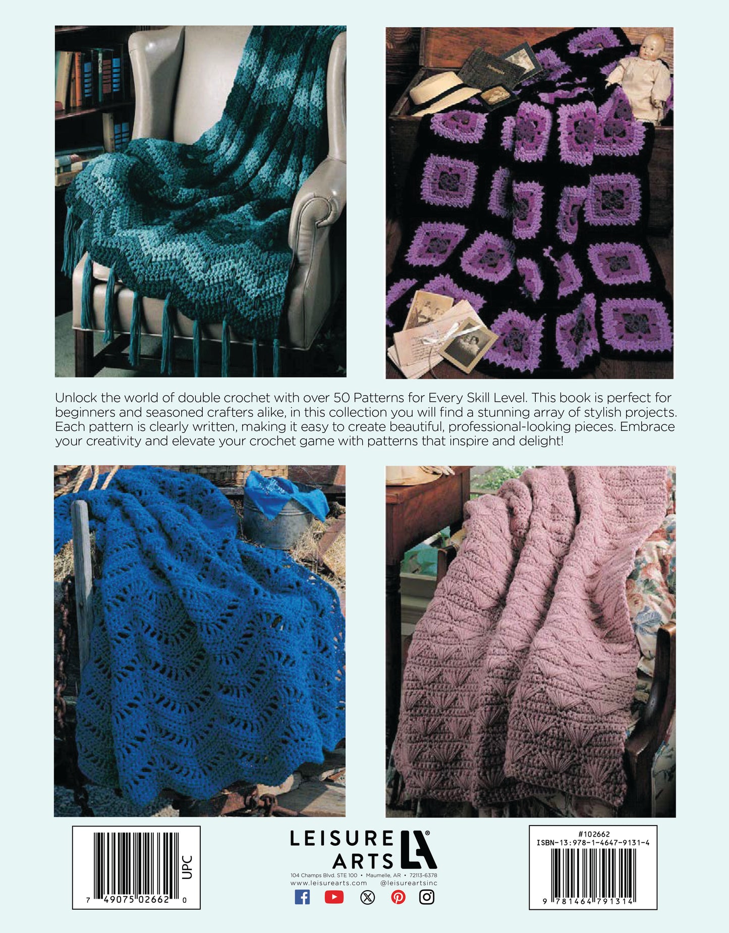 Four colorful crochet throws from "Afghans on the Double Digital Download" by Leisure Arts in teal, purple & black, blue, and mauve are draped over chairs. The image features descriptive text and the Leisure Arts logo at the bottom.