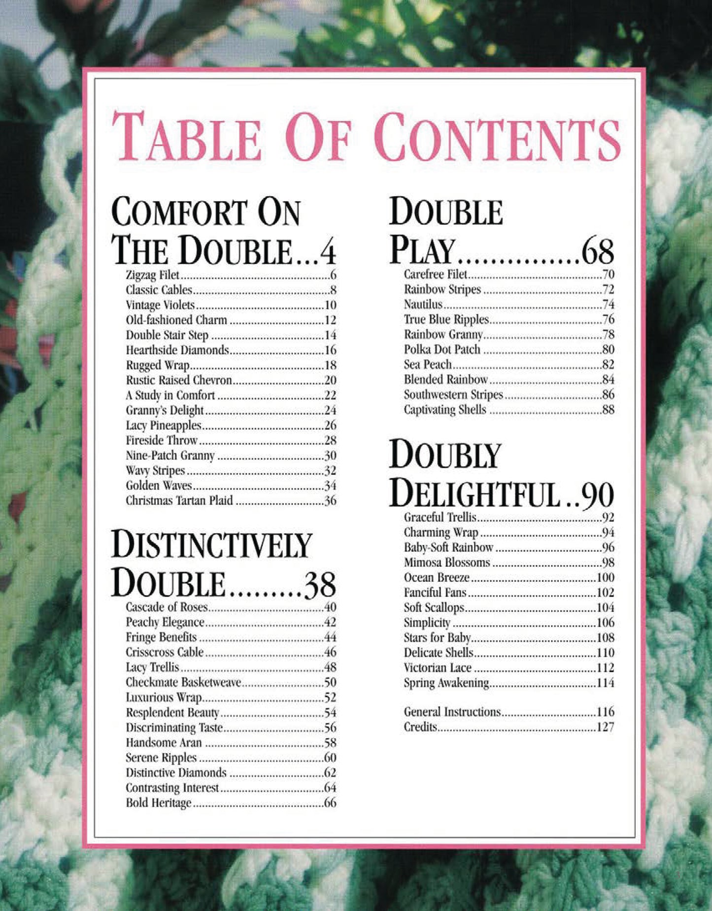 The table of contents for Afghans on the Double by Leisure Arts lists three sections—Comfort on the Double, Distinctively Double, and Double Play—with recipes and page numbers, set against a backdrop of white/green flowers and colorful throws.