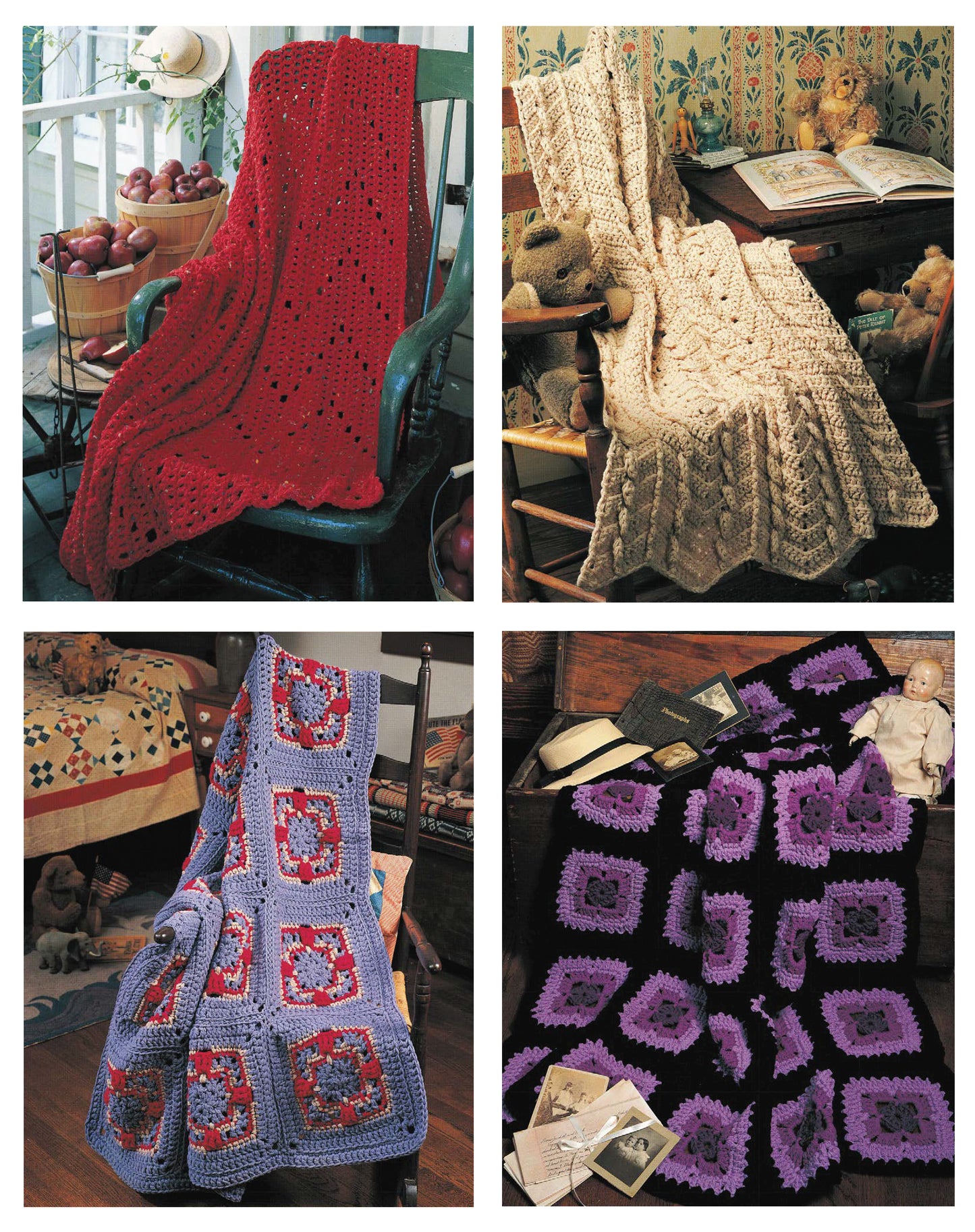 Afghans on the Double Digital Download by Leisure Arts features four cozy crocheted afghans and throws in a variety of styles and colors, displayed in charming settings with vintage decor, books, stuffed animals, and rustic furniture.