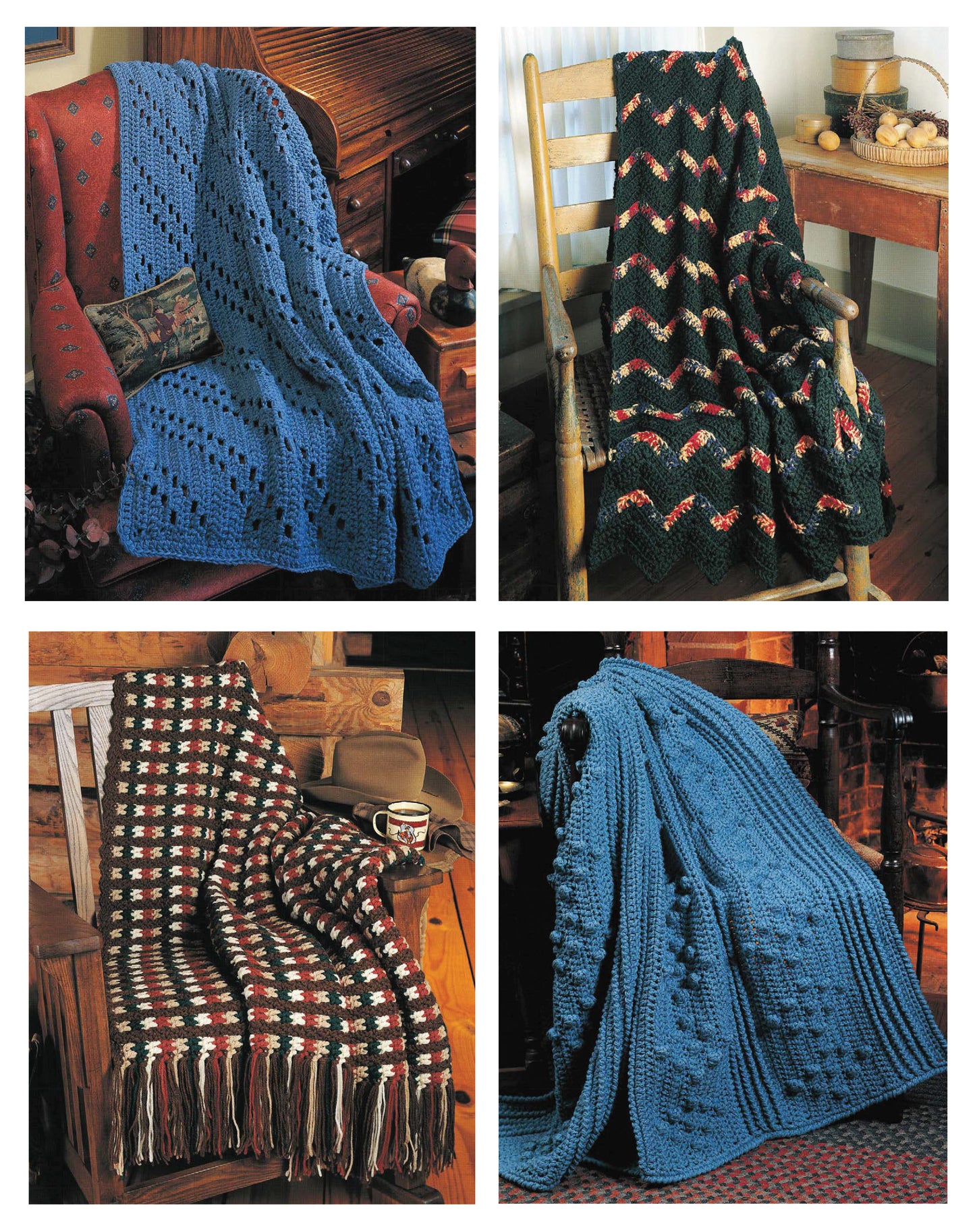 A collage of four crocheted throws from Leisure Arts’ “Afghans on the Double” digital download, featuring two blue textured patterns and two colorful striped and square designs, adds warmth and charm to rustic rooms.