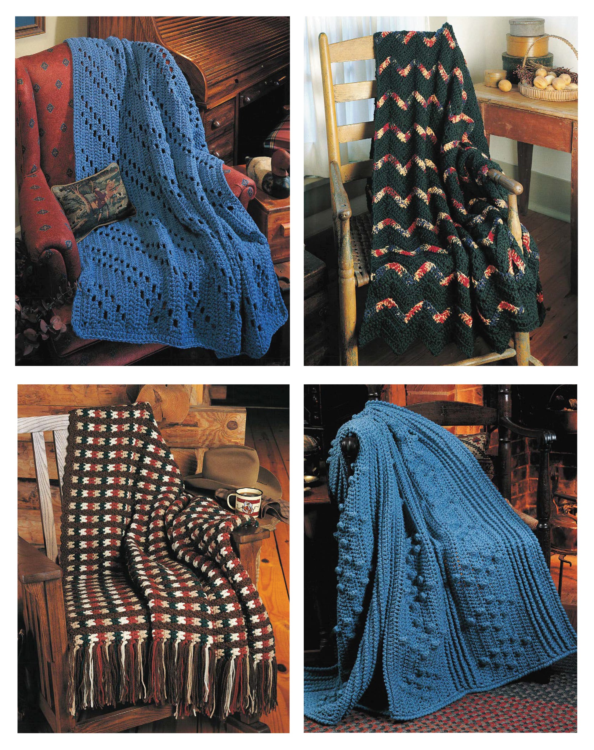 A collage of four crocheted throws from Leisure Arts’ “Afghans on the Double” digital download, featuring two blue textured patterns and two colorful striped and square designs, adds warmth and charm to rustic rooms.