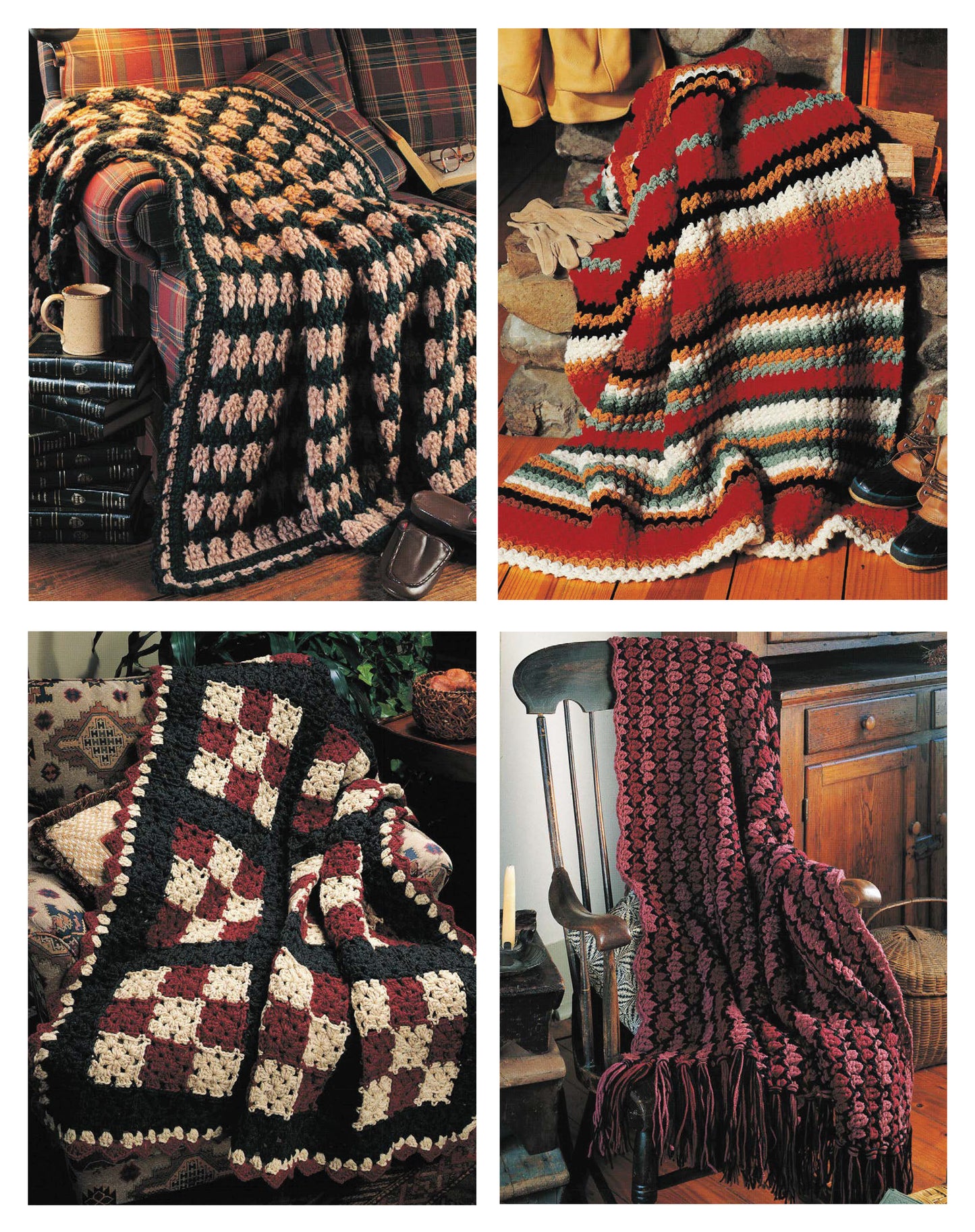 Leisure Arts' "Afghans on the Double" digital download features cozy crocheted afghans in earth tones and patterns, draped over chairs and sofas in welcoming living rooms with rustic decor.