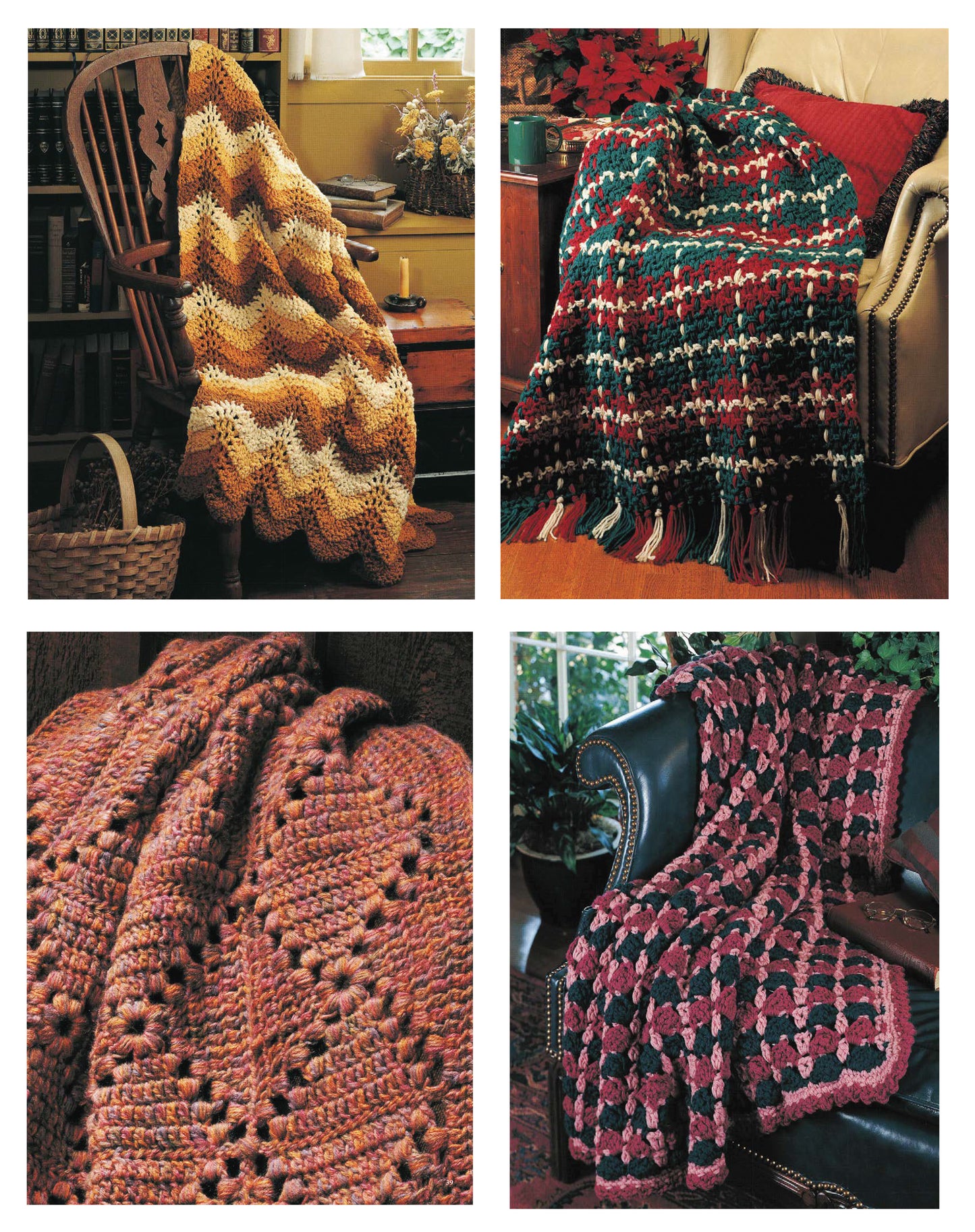 Four cozy afghans from Leisure Arts’ "Afghans on the Double" digital download draped over chairs: yellow and brown zigzag, multicolored striped with fringe, rust scalloped, and pink and burgundy checkered with lacy edges.