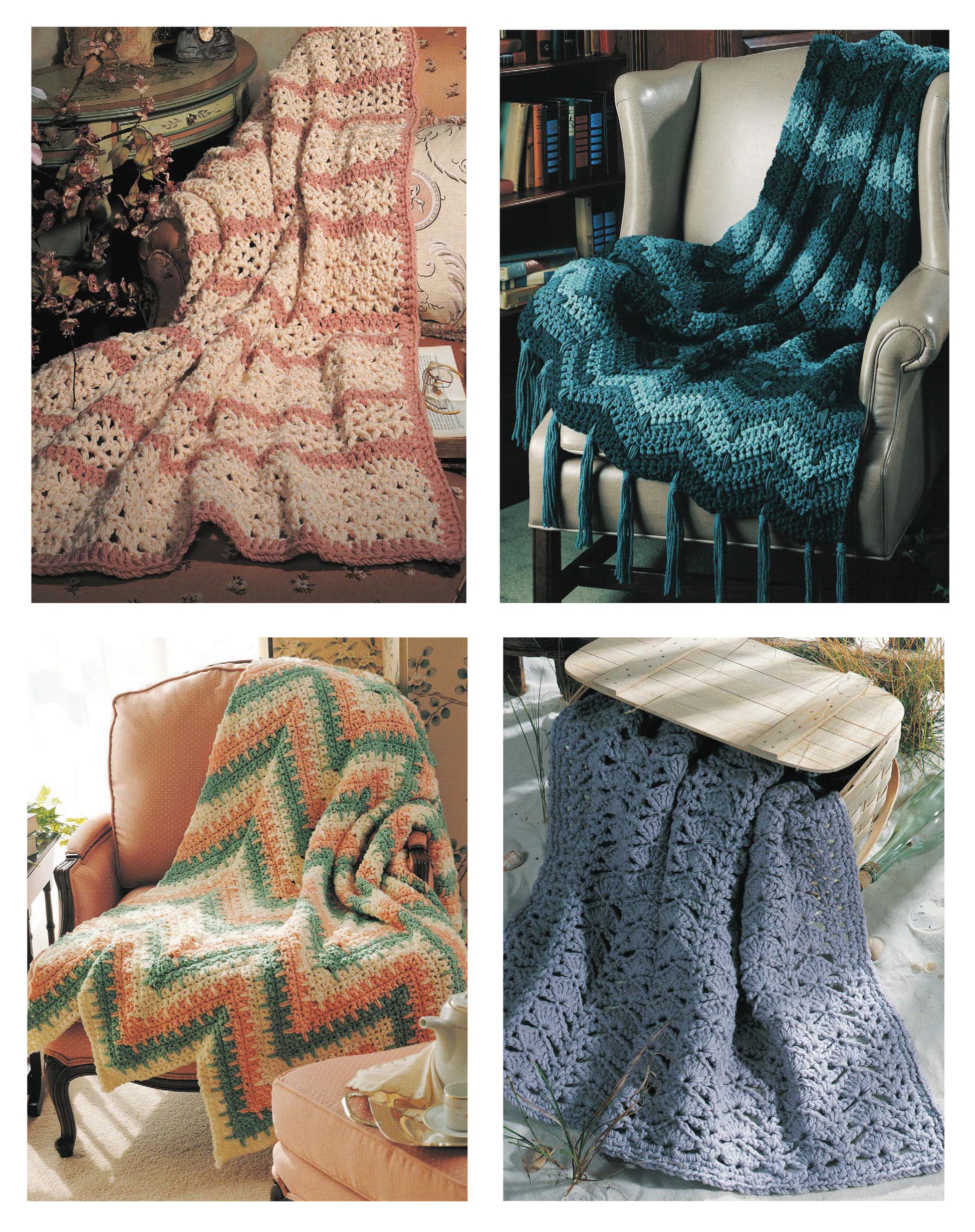 Four cozy crocheted throws from Leisure Arts’ “Afghans on the Double Digital Download” drape over chairs: pink and cream, blue and black chevron, peach and mint chevron, and soft lavender lace-patterned blankets.