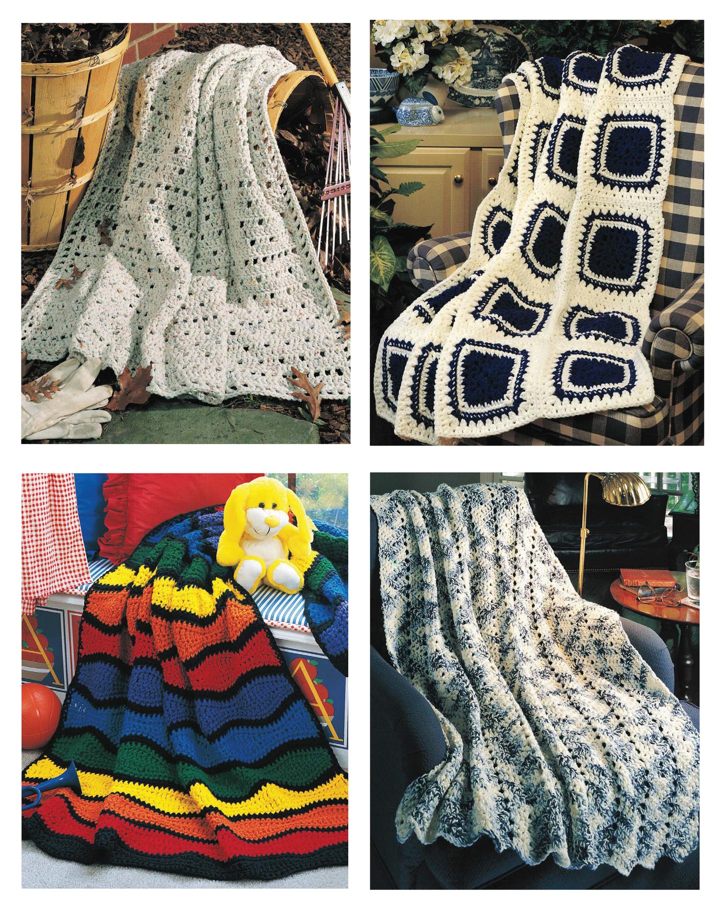 Four crocheted afghans from Leisure Arts’ Afghans on the Double Digital Download: a white lacy cover outdoors, a cream and navy square one on a chair, a rainbow-striped throw with a yellow duck, and a white and blue coverlet on a couch.