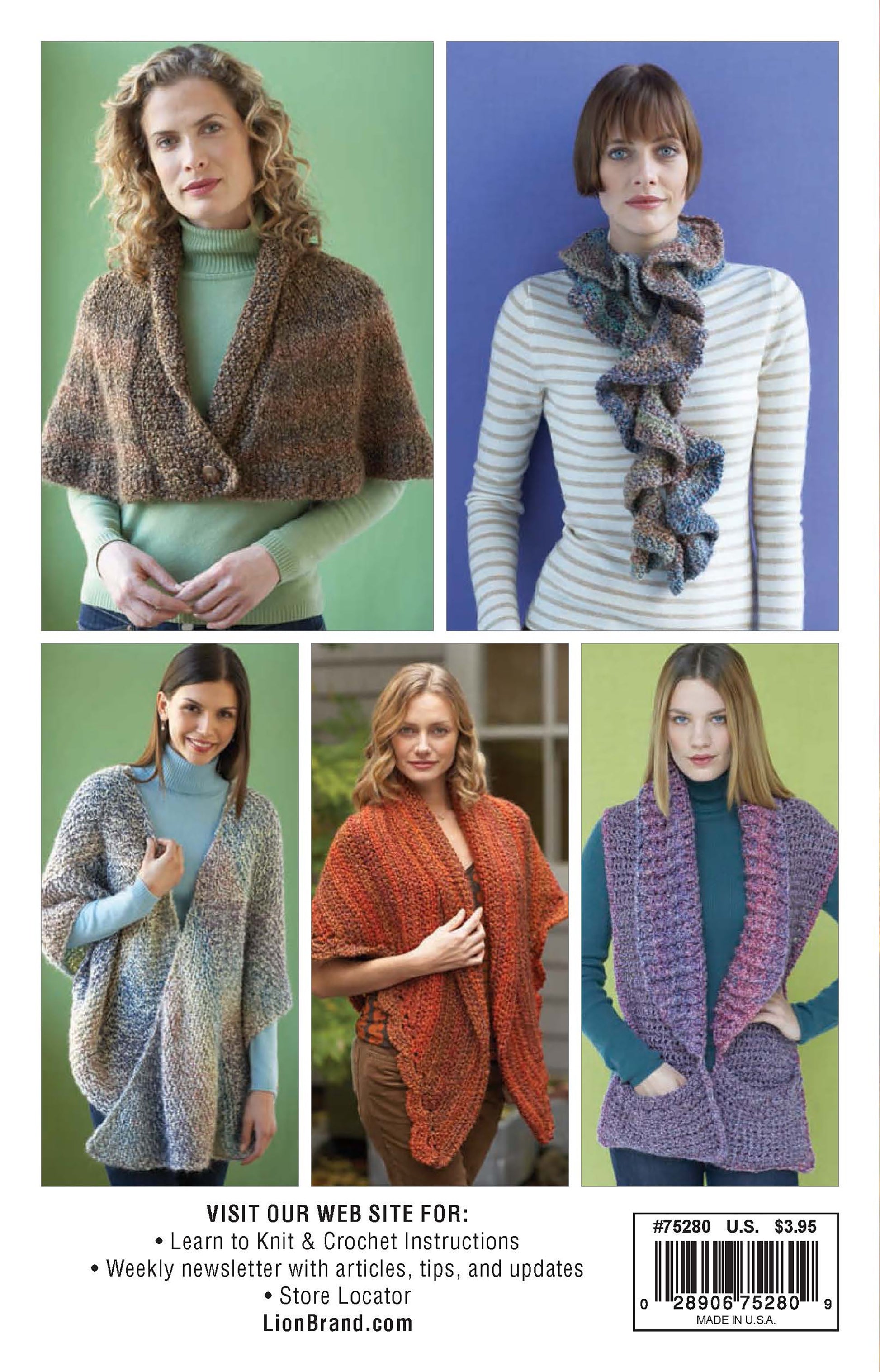 Five women model a variety of crochet and knit Cozy Cover-Ups made with Lion Brand Homespun, posed before colorful backgrounds. "Cozy Cover-Ups" by Leisure Arts is shown with text and a barcode at the bottom of the image.