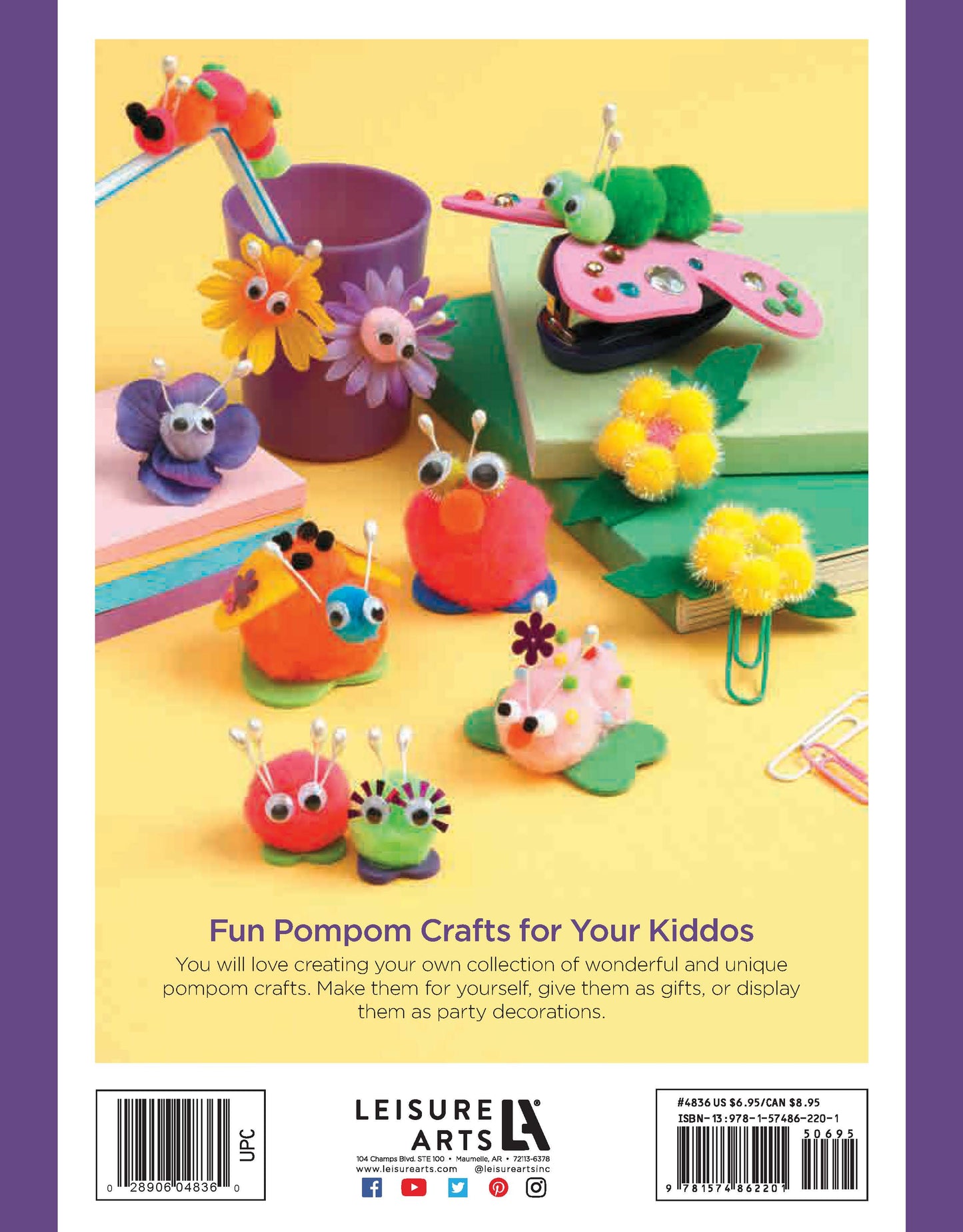 Leisure Arts Pompom Crafts kits feature colorful bugs and animals with googly eyes, pipe cleaner antennae, and felt accents—ideal beginner kits or creative craft projects for children.