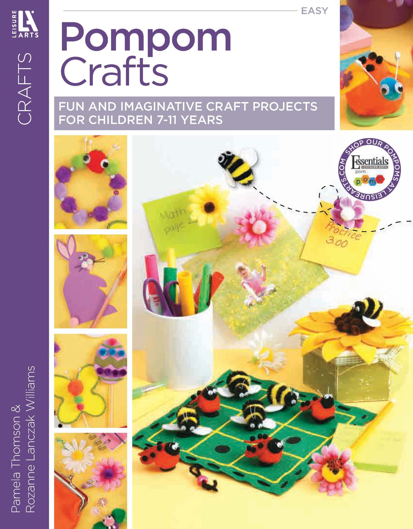 Cover of "Pompom Crafts" by Leisure Arts, featuring colorful flower and animal projects on a white background—ideal for beginner craft kits or fun children's craft activities.
