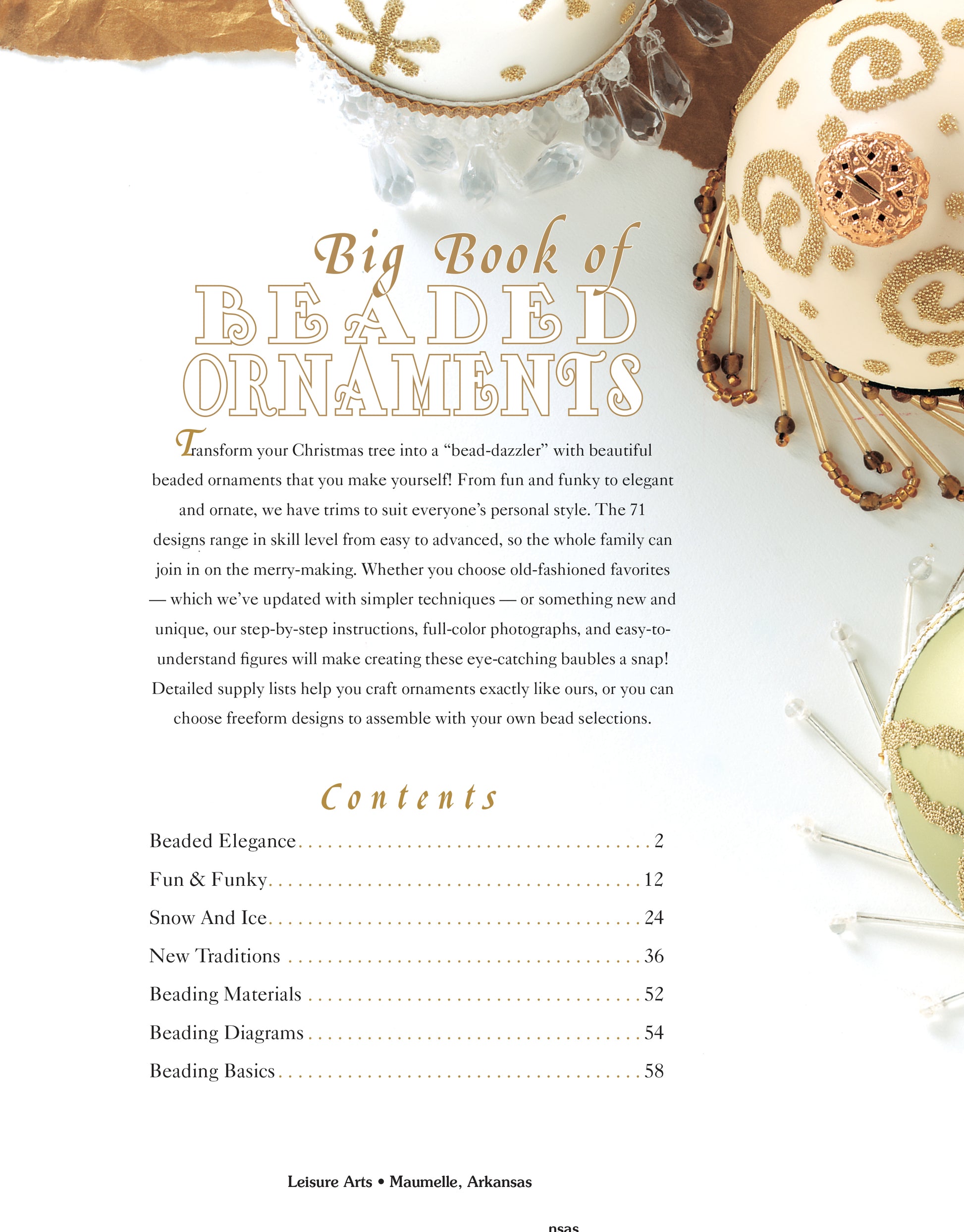 Leisure Arts' Big Book of Beaded Ornaments features white and gold beaded Christmas ornament patterns, including elegant designs, snow themes, new traditions, techniques, diagrams, and family-friendly craft projects.