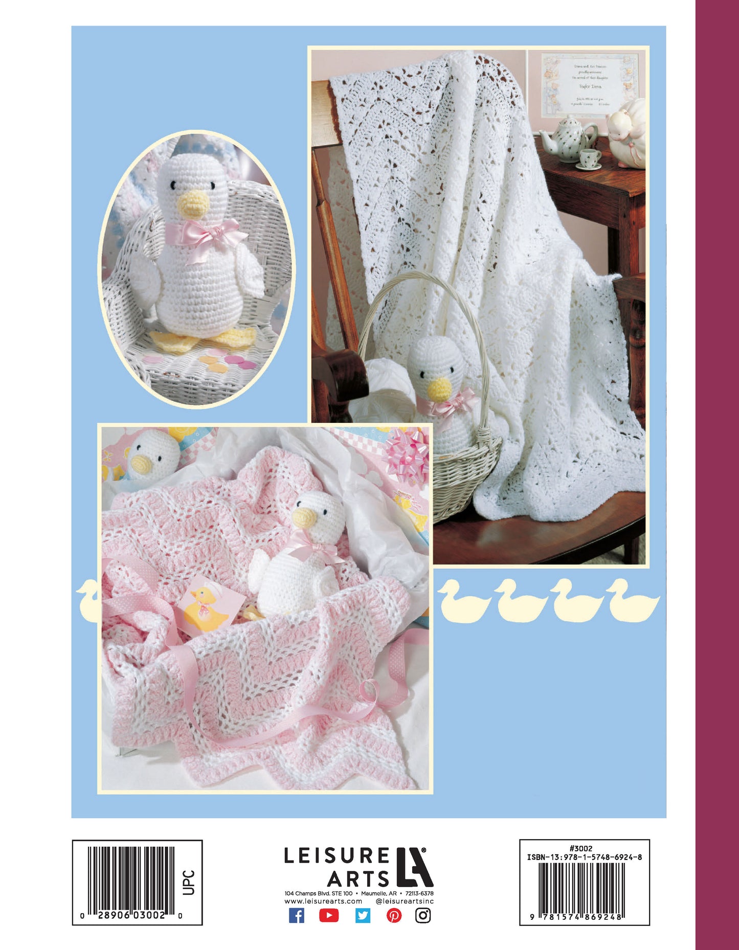 The Just Ducky Baby Afghans book by Leisure Arts features a light blue and white cover with photos of pink and white crocheted baby blankets, each with a matching duck toy. Duckling graphics and the Leisure Arts logo appear at the bottom—ideal for nursery gifts.