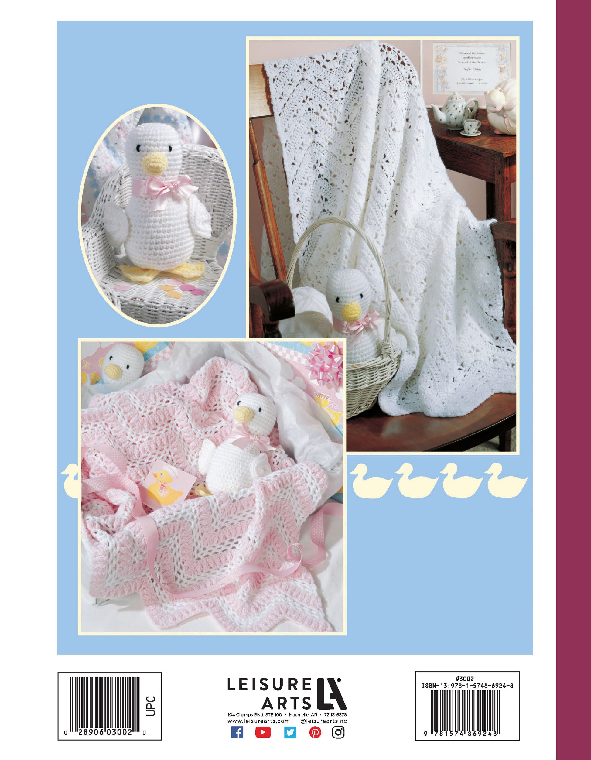 The Just Ducky Baby Afghans book by Leisure Arts features a light blue and white cover with photos of pink and white crocheted baby blankets, each with a matching duck toy. Duckling graphics and the Leisure Arts logo appear at the bottom—ideal for nursery gifts.