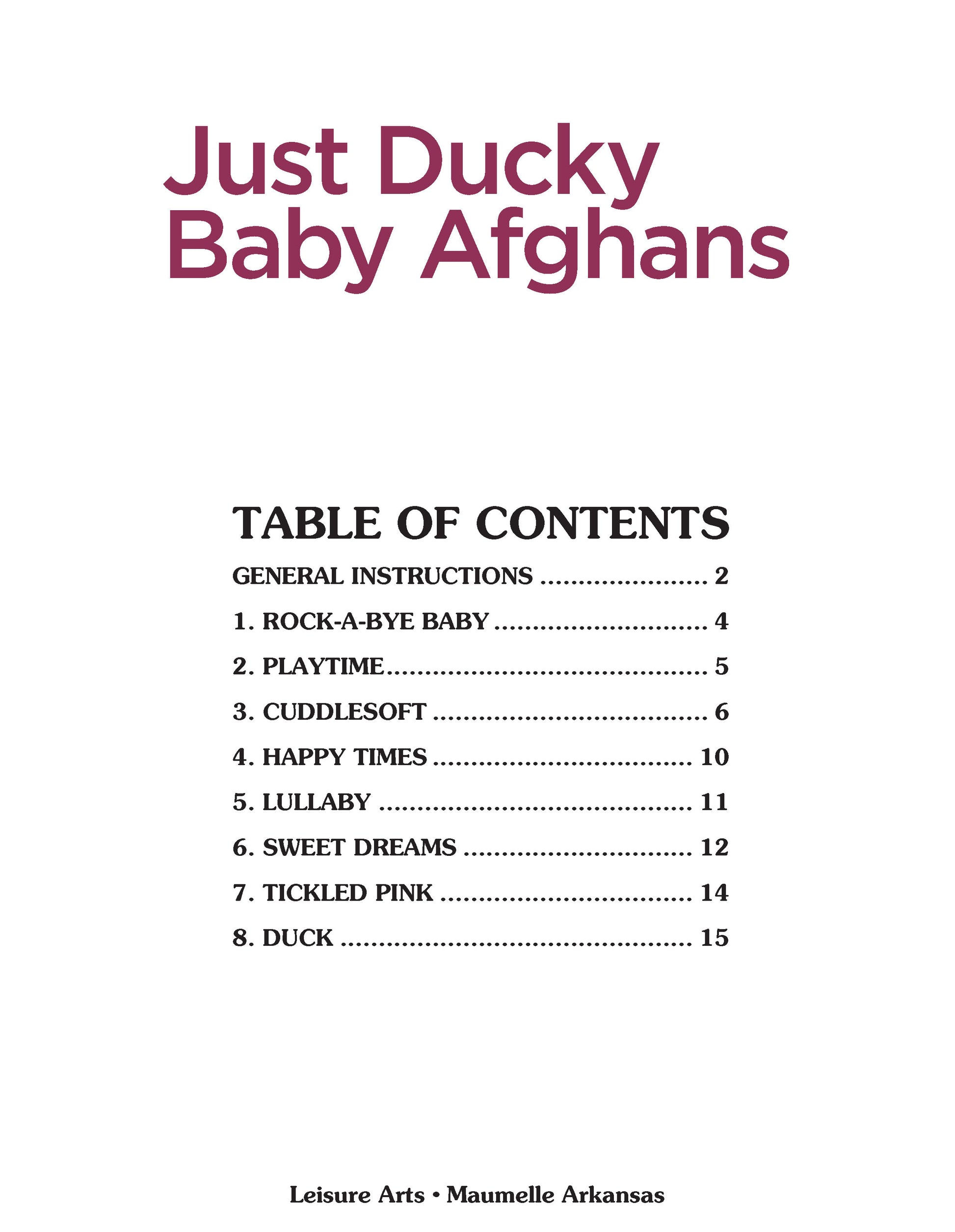 The cover of Just Ducky Baby Afghans by Leisure Arts showcases the title in bold pink text, plus a table of contents with eight sections covering stitching instructions and afghan patterns—ideal for crafting handmade nursery gifts.