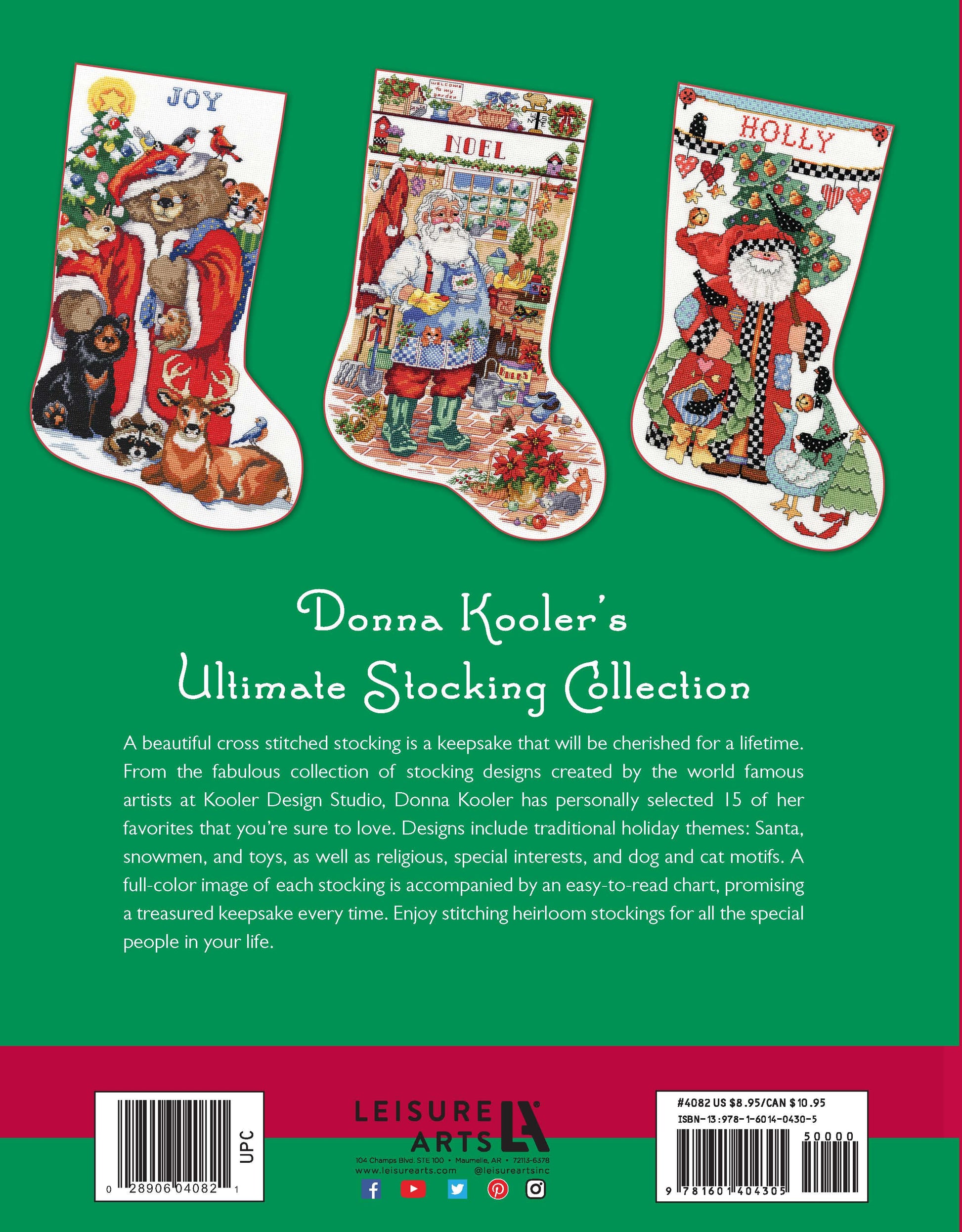 Three colorful Christmas stockings labeled Joy, Noel, and Holly display festive designs with Santa, snowmen, and animals from Donna Kooler's Ultimate Stocking Collection by Leisure Arts.