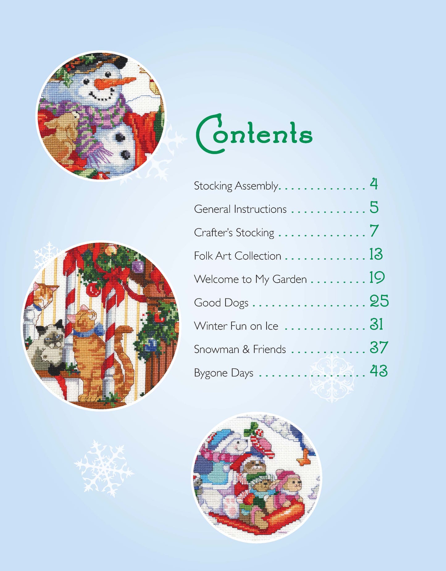 Discover Leisure Arts’ Donna Kooler's Ultimate Stocking Collection: a "Contents" menu highlights three round cross stitch patterns—snowman, cats and dog by stockings, and children with snowman—set on a snowflake-decorated blue background. Perfect for embroidery floss projects.