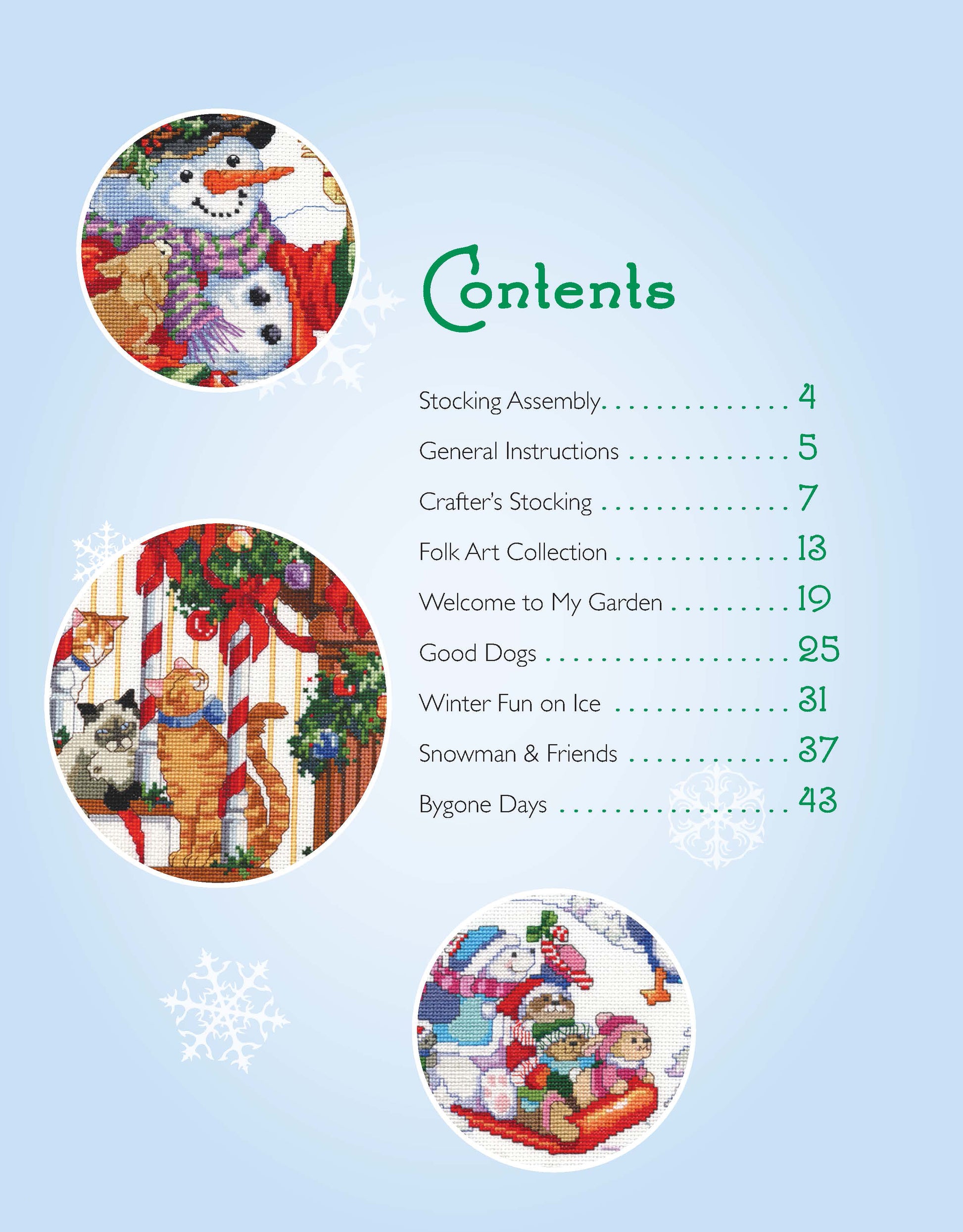 Discover Leisure Arts’ Donna Kooler's Ultimate Stocking Collection: a "Contents" menu highlights three round cross stitch patterns—snowman, cats and dog by stockings, and children with snowman—set on a snowflake-decorated blue background. Perfect for embroidery floss projects.