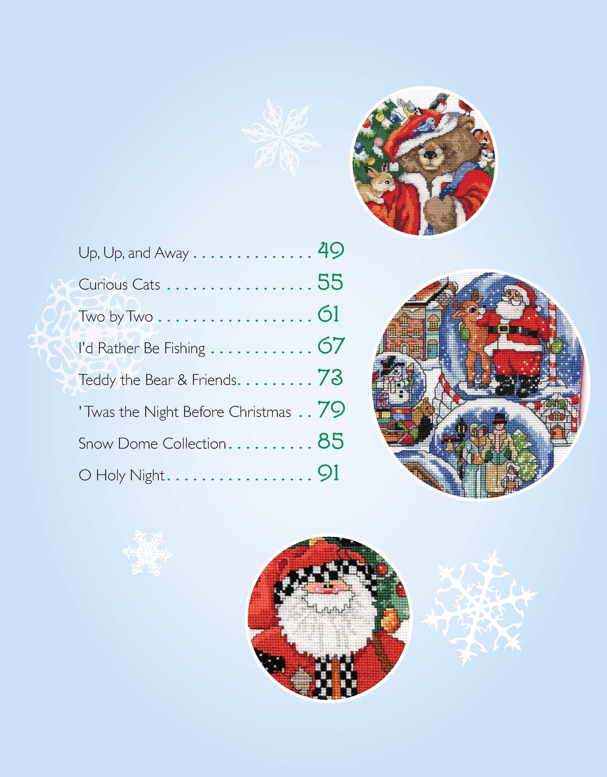 Table of contents from Donna Kooler's Ultimate Stocking Collection by Leisure Arts, with cross stitch patterns—bear in hat, cats in Christmas outfits, reindeer winter scene, Santa—framed by snowflakes on blue for your favorite embroidery floss.