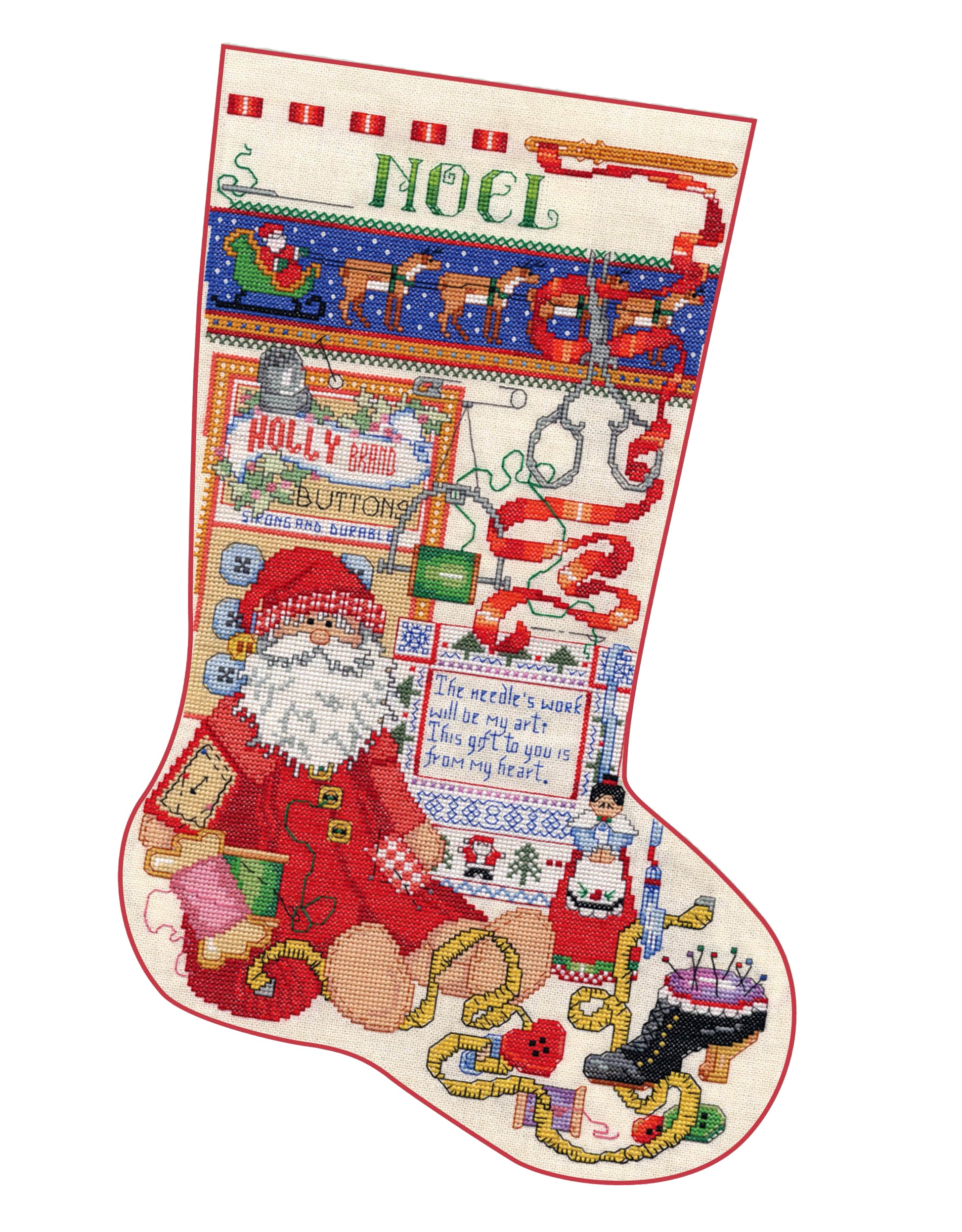 The Donna Kooler's Ultimate Stocking Collection by Leisure Arts features a colorful Christmas stocking with cross-stitched Santa, toys, candy canes, holly, NOEL, and a heartfelt message inspired by Donna Kooler’s classic designs and vivid embroidery floss.