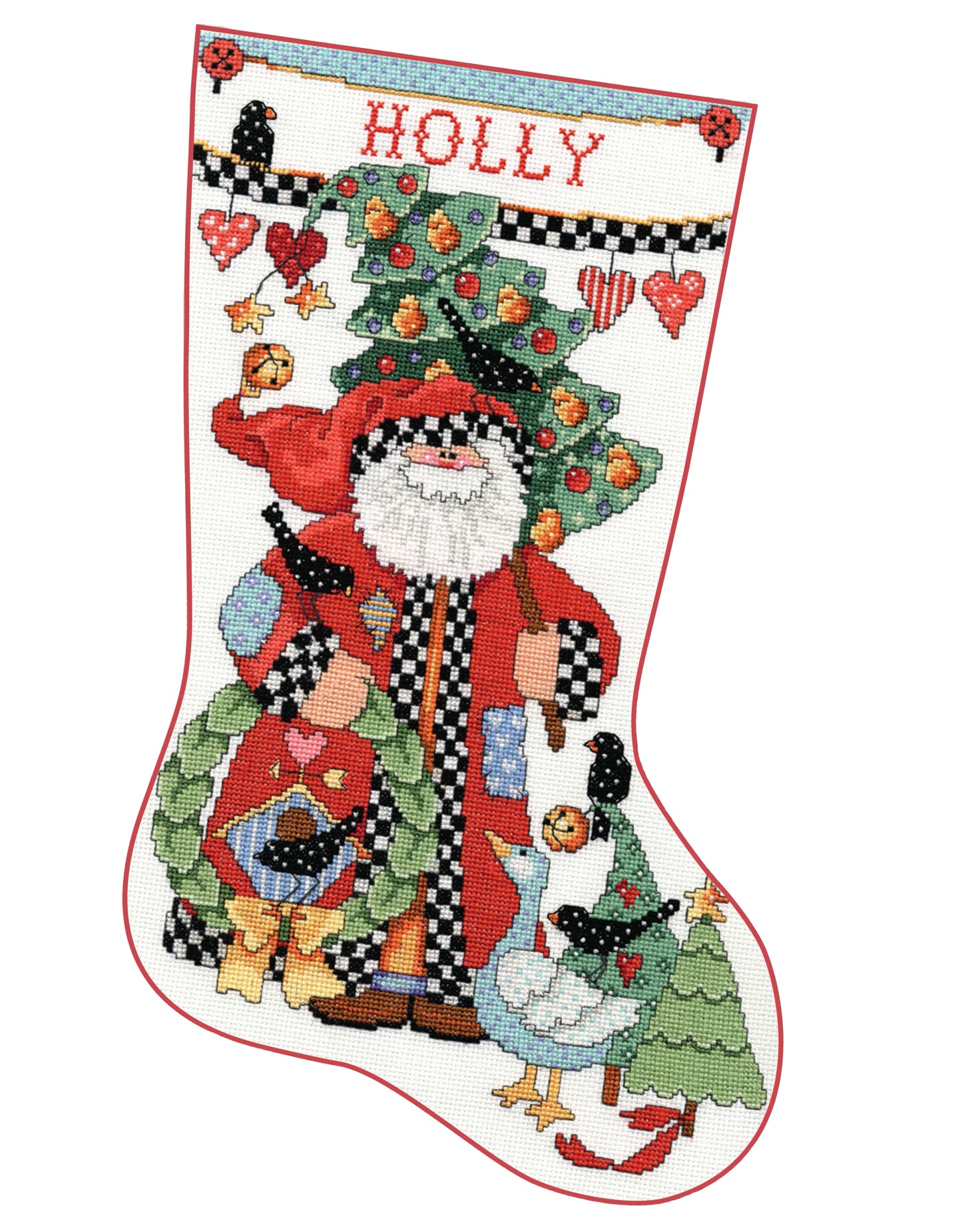 From Donna Kooler's Ultimate Stocking Collection by Leisure Arts, this festive stocking displays Santa with a wreath, tree, goose, dog, and birds. Embroidered in vibrant floss, it features "HOLLY" in red at the top.