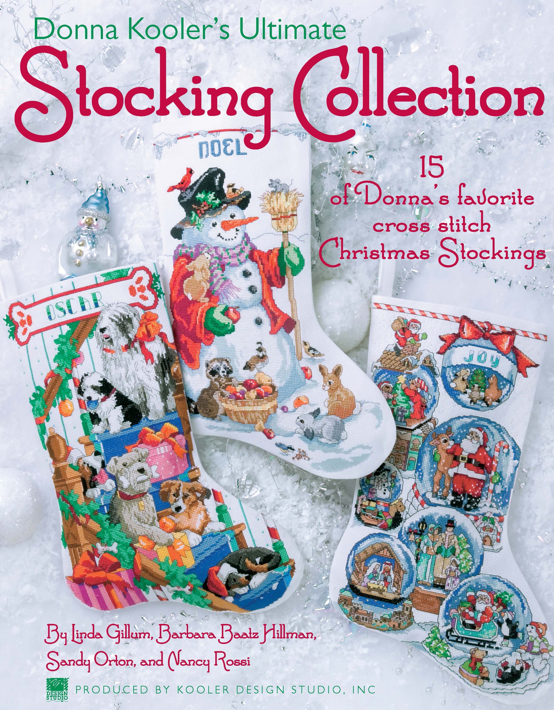 Cover of "Donna Kooler's Ultimate Stocking Collection" by Leisure Arts, featuring four festive cross-stitched Christmas stockings amid a snowy background and pastel ornaments. The text promotes 15 cross stitch patterns.