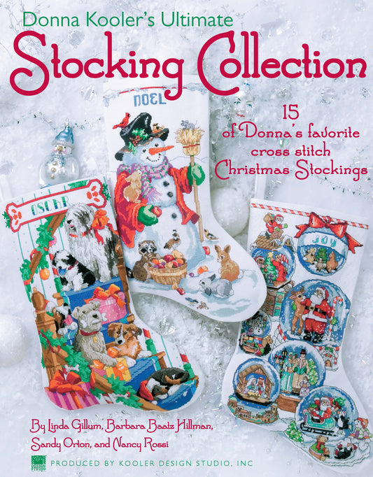 Cover of "Donna Kooler's Ultimate Stocking Collection" by Leisure Arts, featuring four festive cross-stitched Christmas stockings amid a snowy background and pastel ornaments. The text promotes 15 cross stitch patterns.