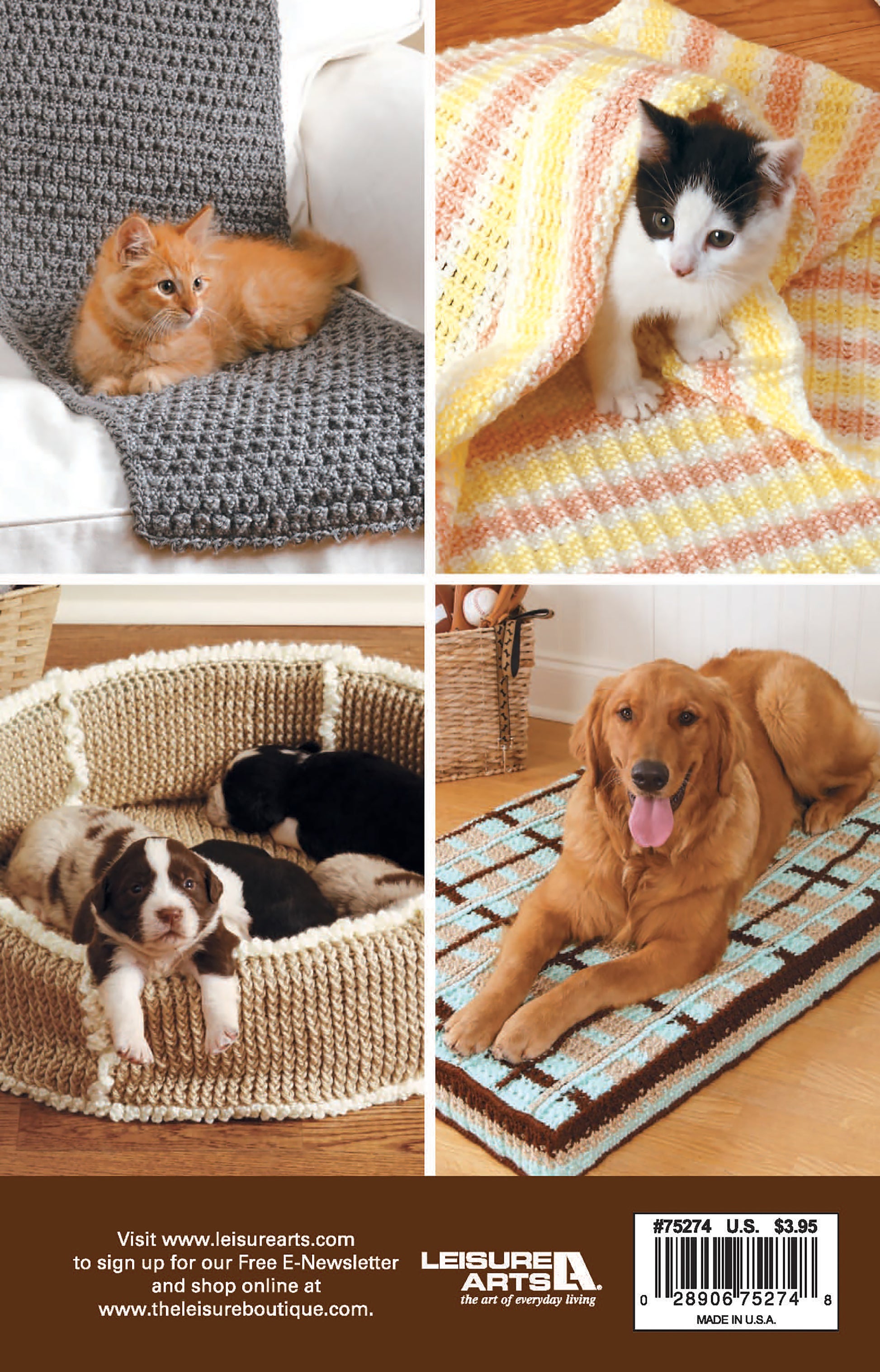 Four images from the Sweet Pet Comforts Digital Download by Leisure Arts show various pets relaxing on crochet blankets, a pet bed made with medium weight yarn, and a crocheted rug.