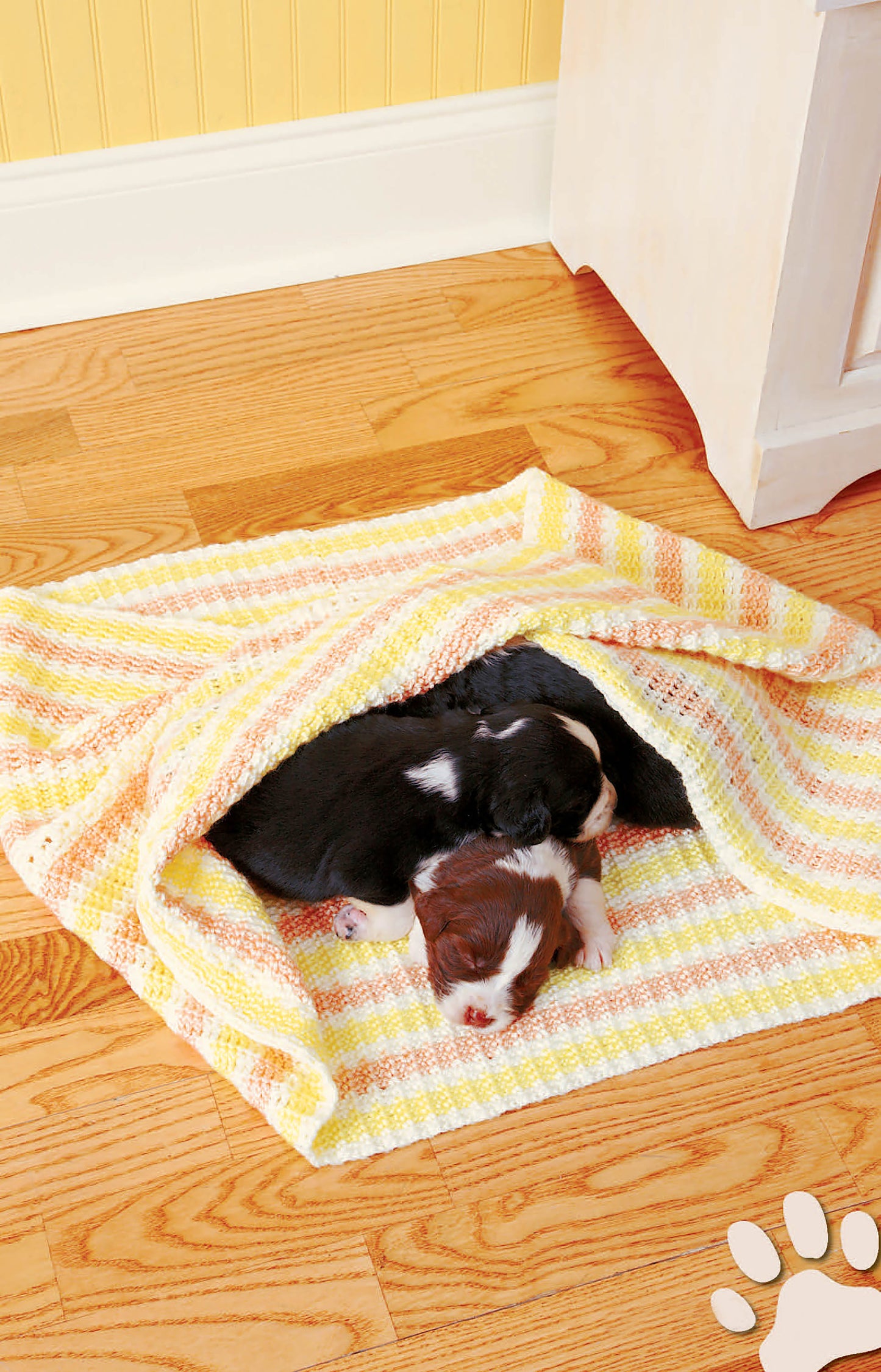 Two small puppies snuggle on a wooden floor next to a white furniture piece and a cozy crochet pet bed. The bed pattern, "Sweet Pet Comforts Digital Download" by Leisure Arts, is made with medium weight yarn.