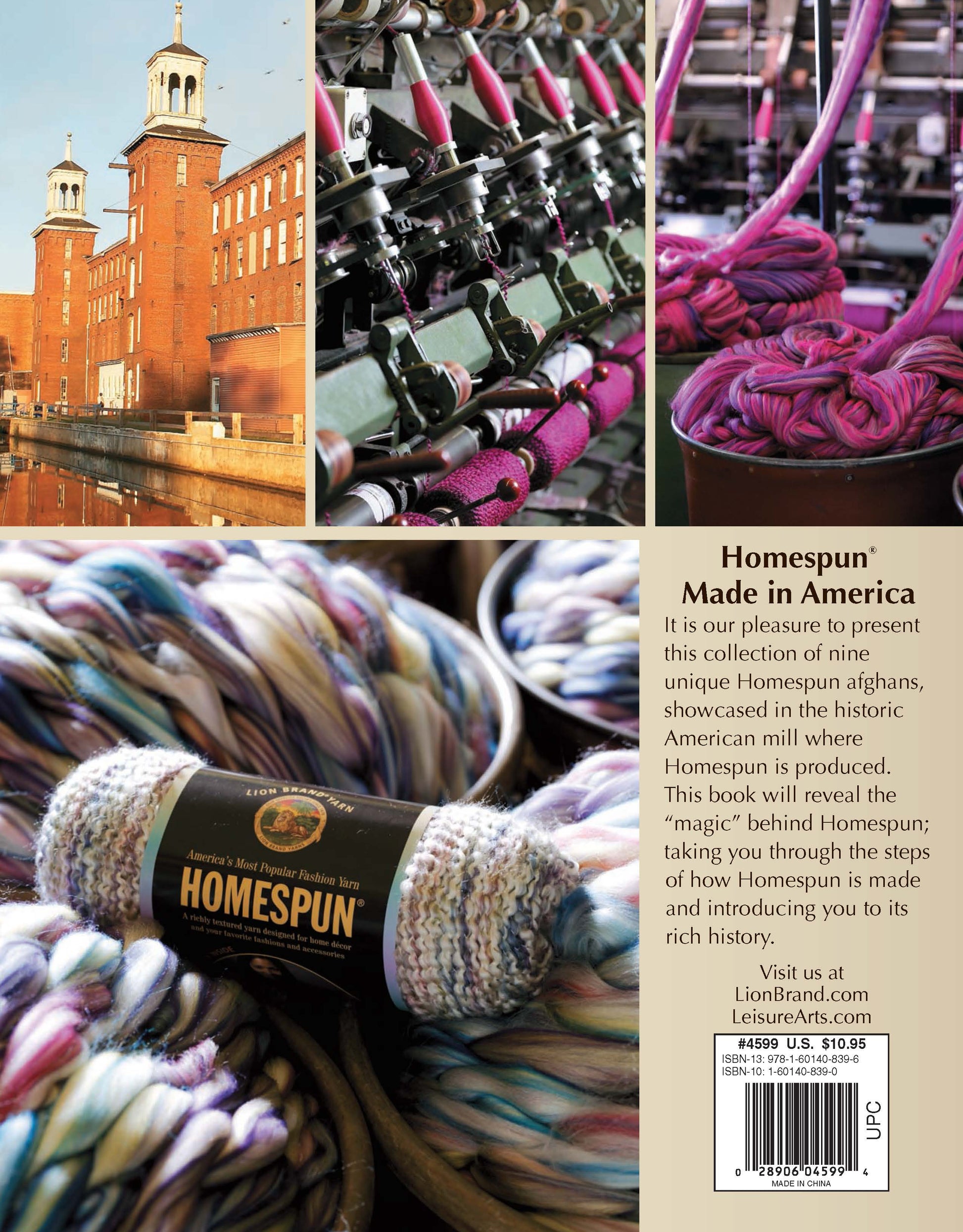 Collage shows a red brick mill, yarn machines, colorful spools, and a skein labeled “Homespun.” Text highlights Leisure Arts’ "The Story of Homespun Crochet," featuring bulky weight yarn for afghan crochet patterns.