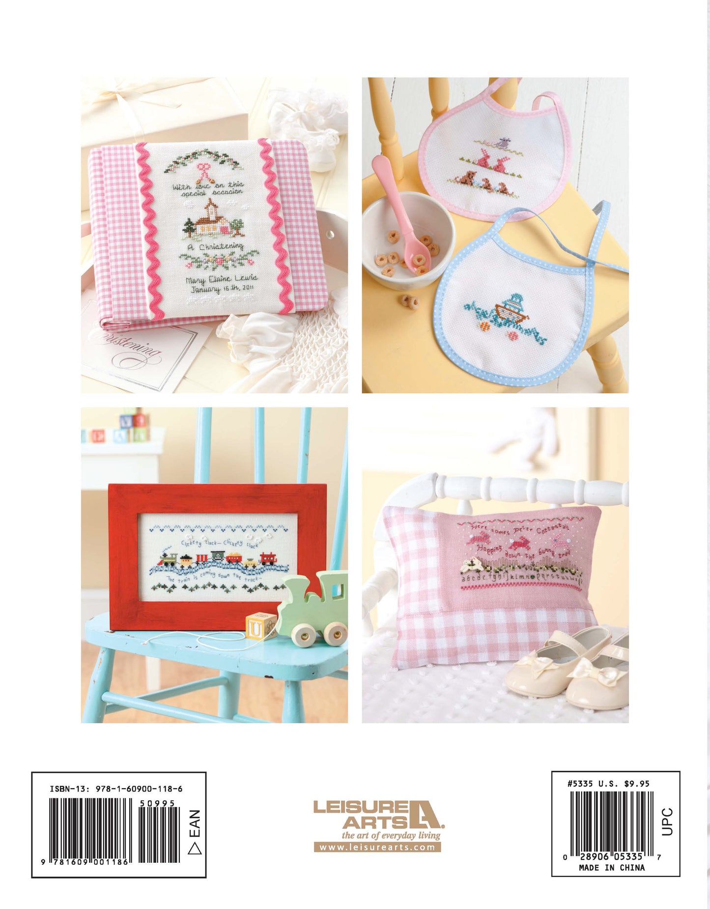 Leisure Arts' "Sweet Nothings Cross Stitch for Baby" features four projects: a pink-trimmed towel, two cute bibs, a toy chair frame, and a checkered pillow with baby shoes—all on soft pastel backgrounds.