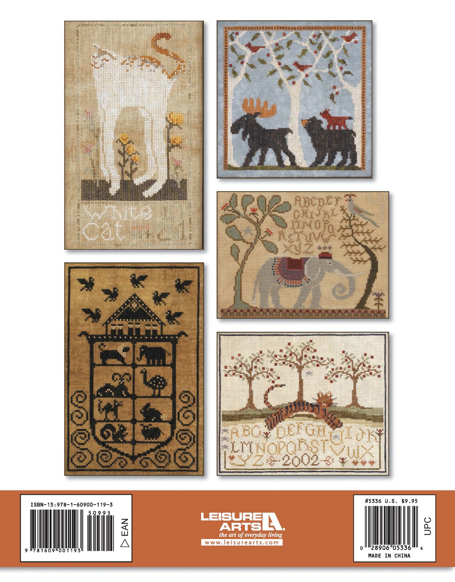 All Creatures Stitched & Small by Leisure Arts features five charming counted cross stitch designs: a white cat, three moose under a tree, an elephant with a bird, black cats in a house sampler, and a tree with birds and alphabet.
