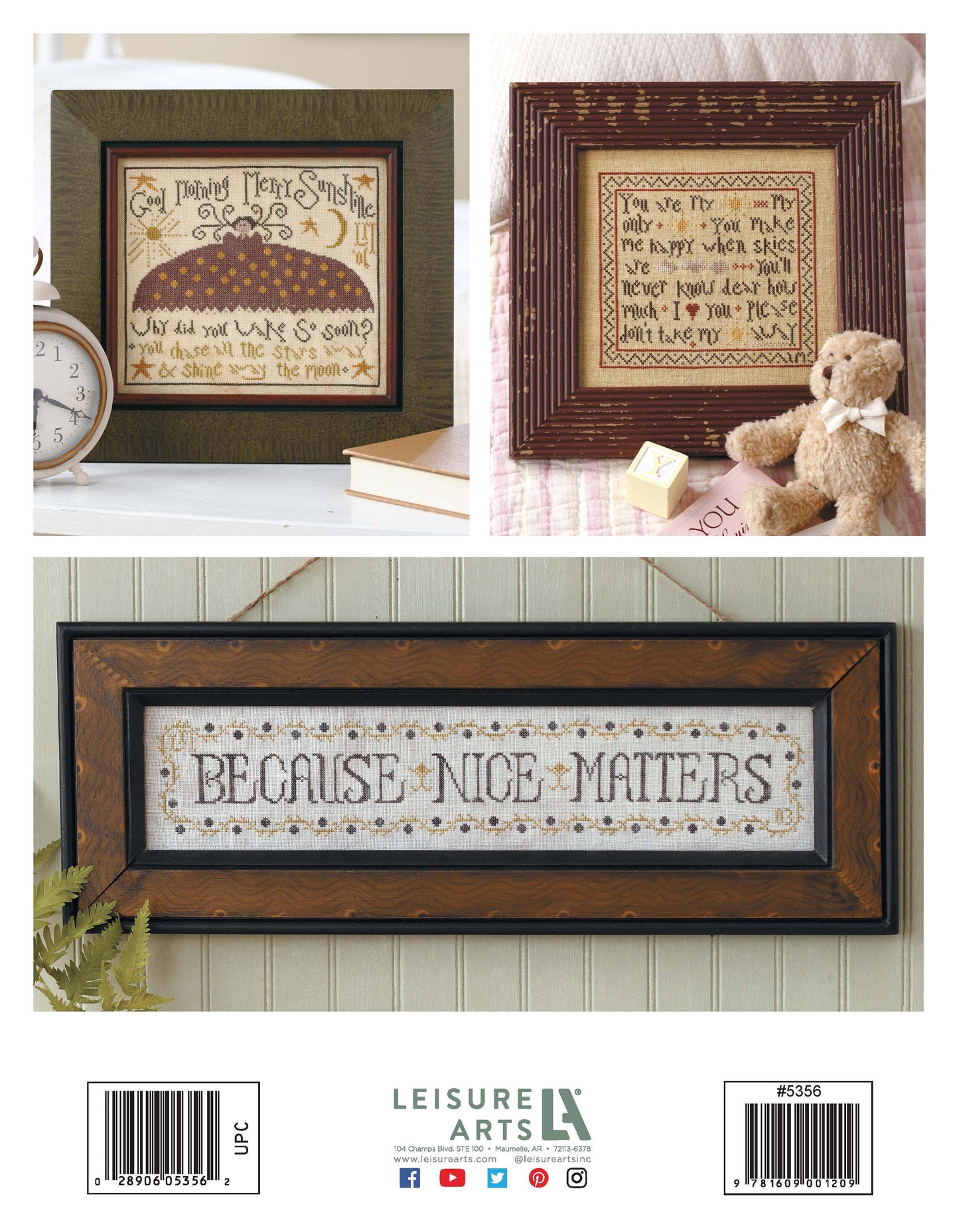 Words To Stitch By by Leisure Arts features three framed Lori Markovic cross stitch designs: two square pieces with uplifting messages and a rectangular one reading "BECAUSE NICE MATTERS," perfect for stylish home décor.
