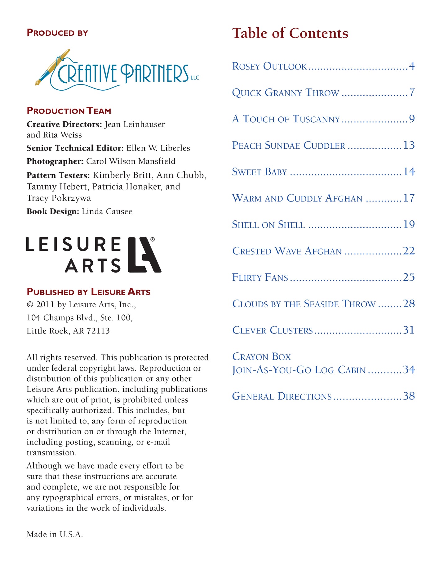 A digital book page for "More 48-Hour Afghans" by Leisure Arts features the Creative Partners logo, production team, publishing info, and a contents table listing intermediate crochet afghan projects with page numbers.