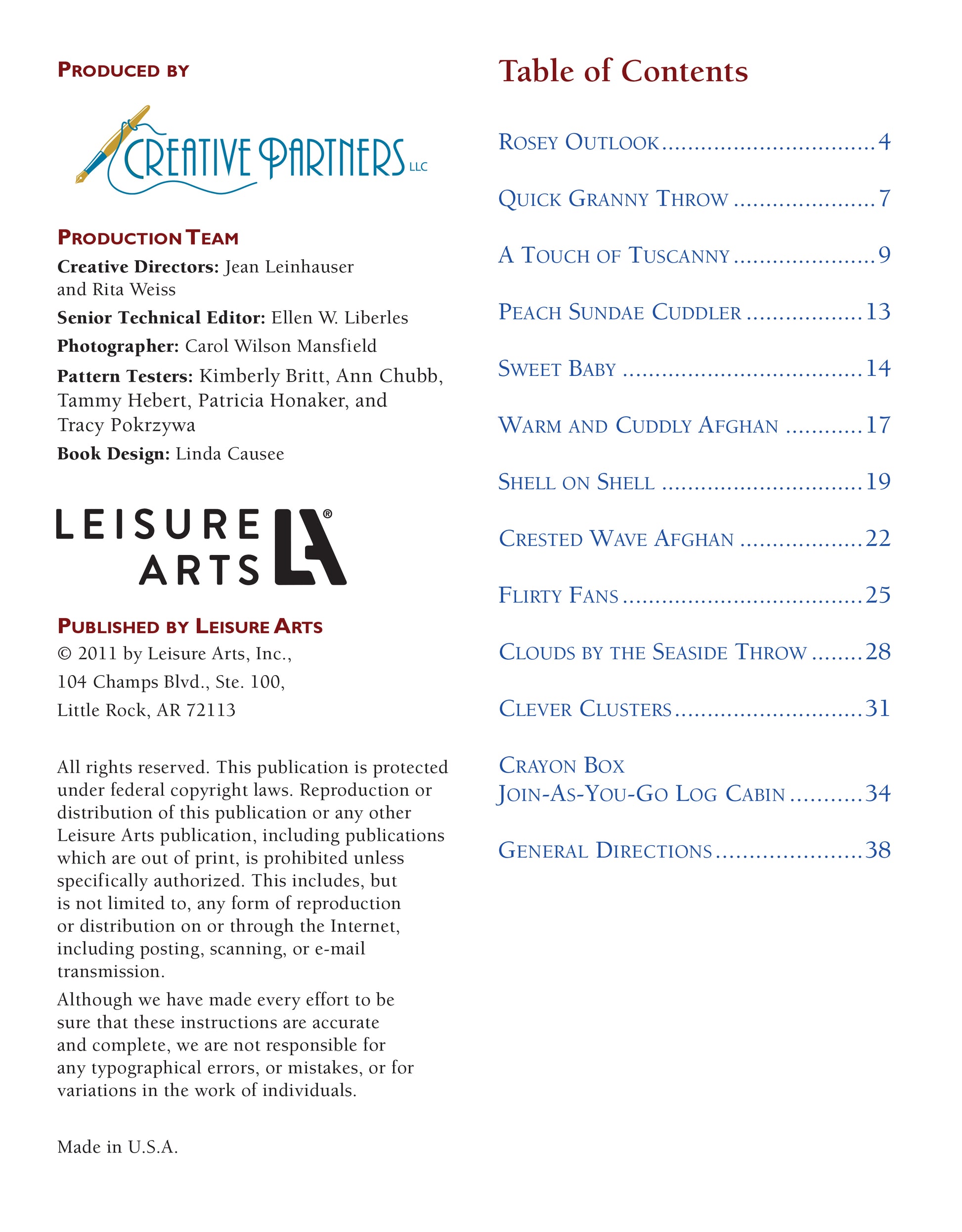 A digital book page for "More 48-Hour Afghans" by Leisure Arts features the Creative Partners logo, production team, publishing info, and a contents table listing intermediate crochet afghan projects with page numbers.