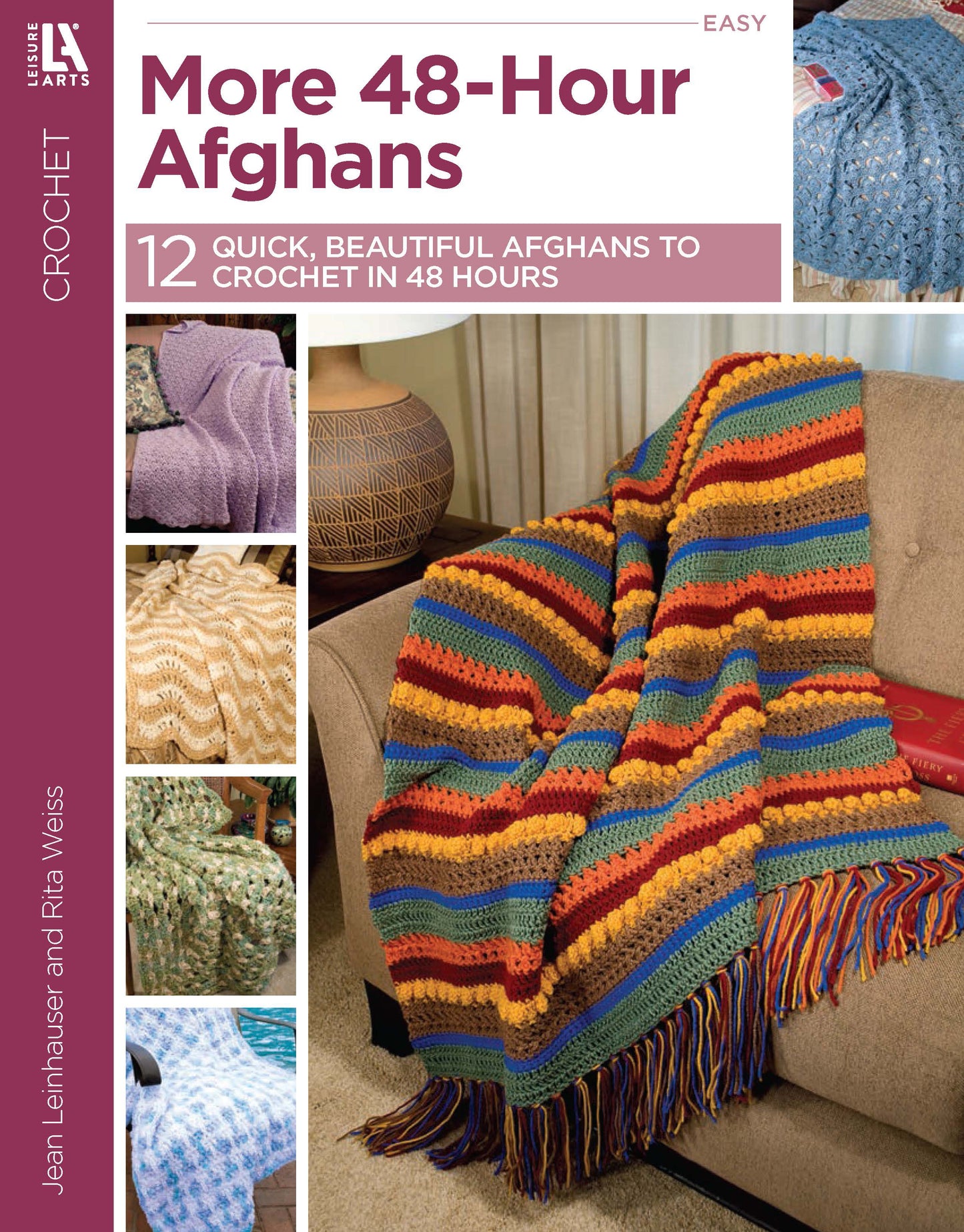 The More 48-Hour Afghans Digital Download by Leisure Arts displays a vibrant striped crochet blanket on a red chair, with smaller images of various intermediate-level crochet blanket designs and patterns.