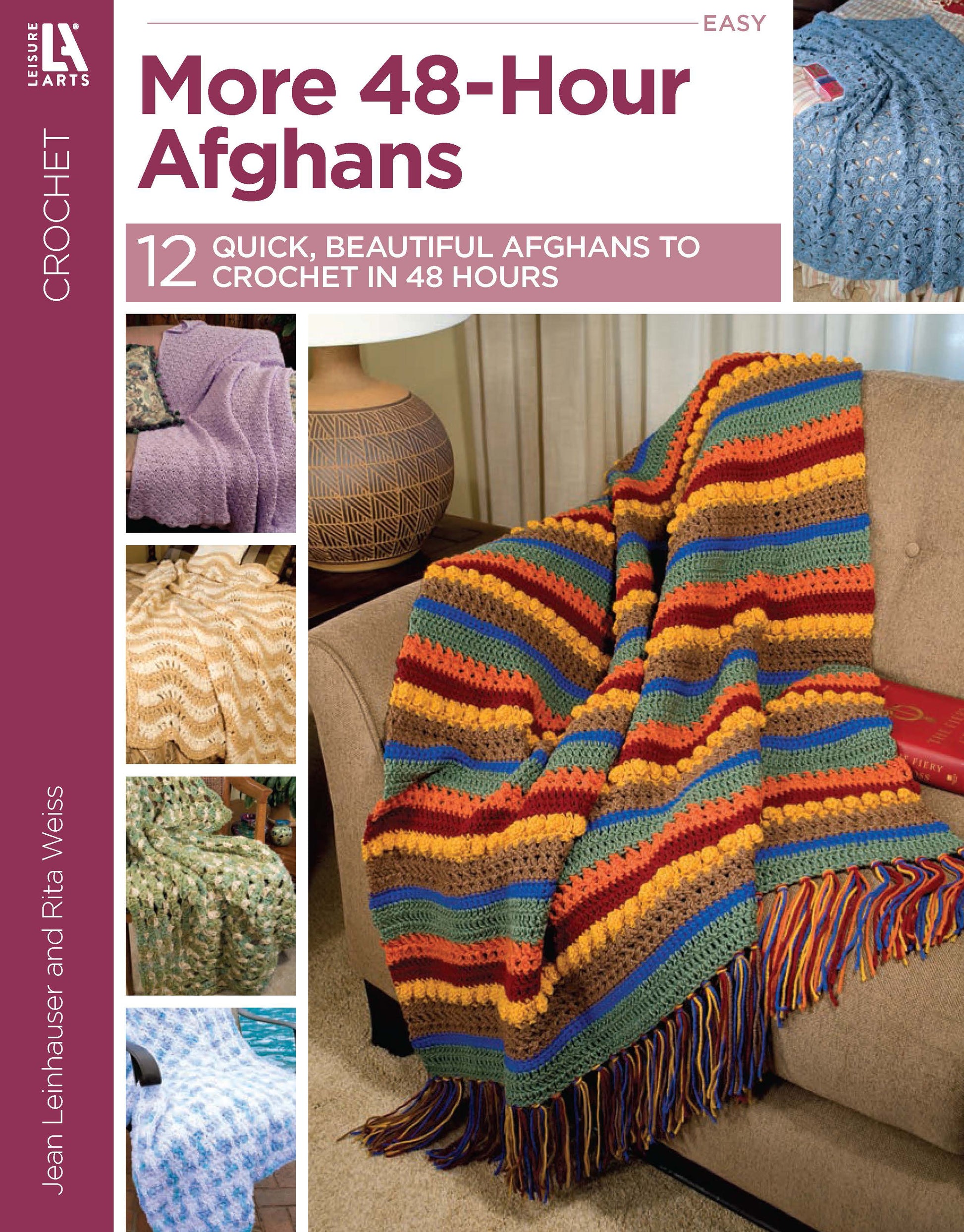 The More 48-Hour Afghans Digital Download by Leisure Arts displays a vibrant striped crochet blanket on a red chair, with smaller images of various intermediate-level crochet blanket designs and patterns.