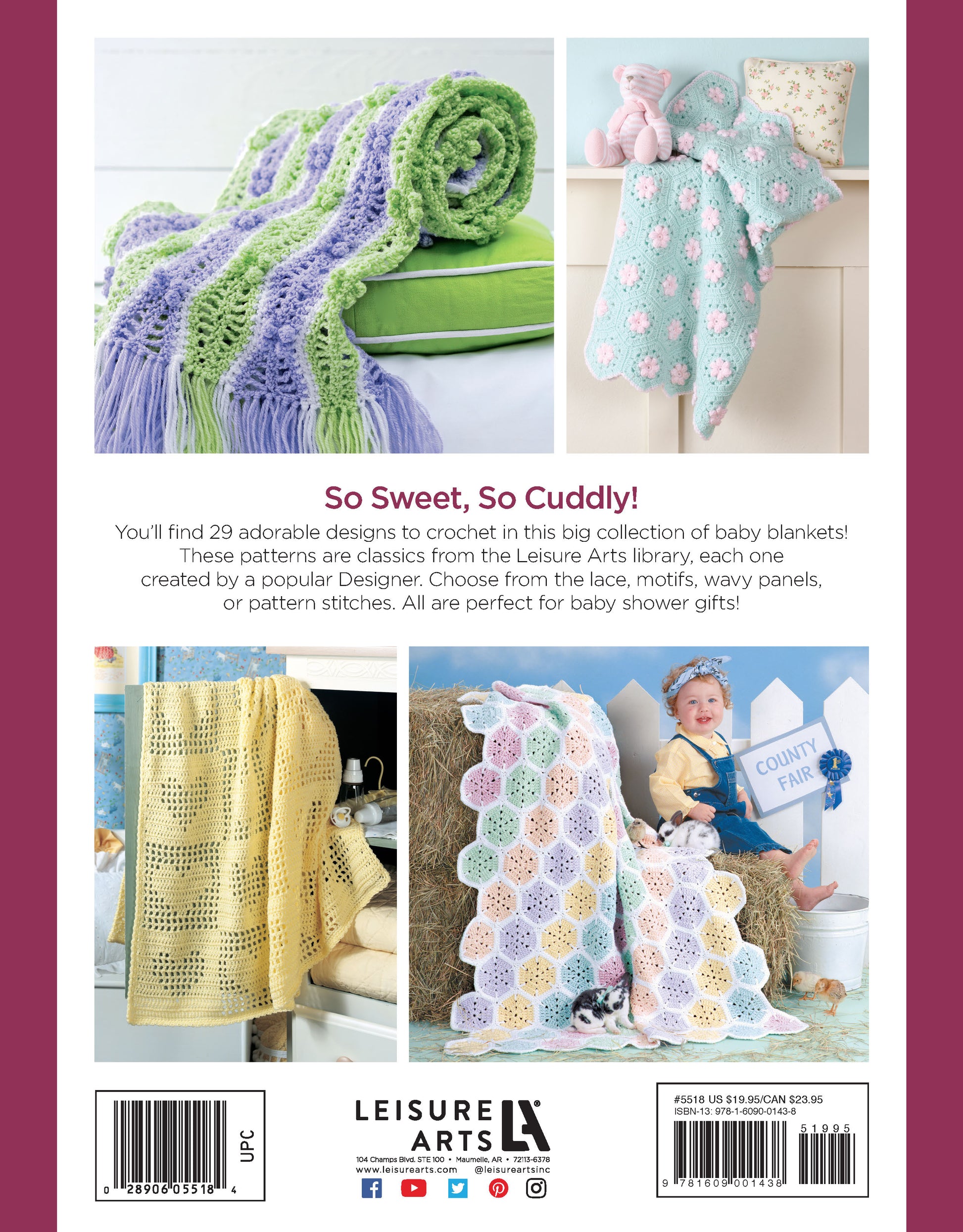 Four crocheted baby blankets in pastel colors are displayed with a baby doll and teddy bear. “The Big Book of Baby Afghans” by Leisure Arts features beginner-friendly crochet instructions and adorable afghan patterns for babies.