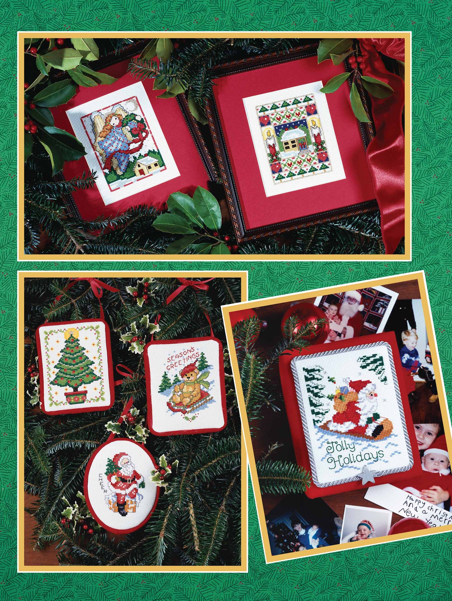 Three cross stitch holiday designs from "Cross Stitch Fast & Festive 50 Christmas Designs" by Leisure Arts: framed scenes and cards featuring Santa, a tree, a teddy bear, and “Jolly Holidays,” displayed with festive greenery.