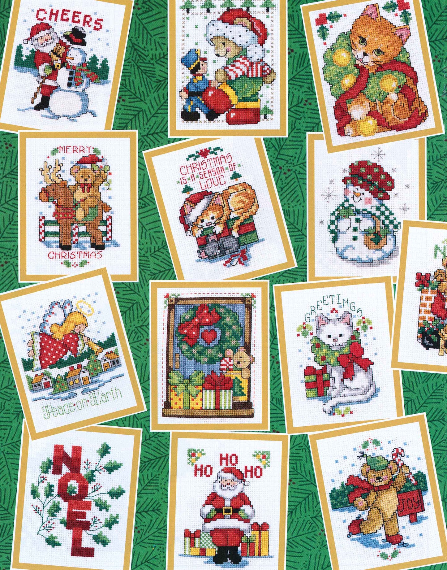 Leisure Arts’ Cross Stitch Fast & Festive 50 Christmas Designs offers intermediate stitchers festive patterns of Santa, snowmen, animals, gifts, holly, and greetings on green 14 count Aida with white and gold borders.