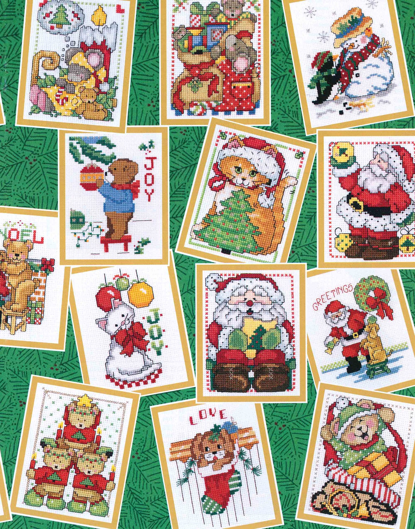 A collage from Leisure Arts' Cross Stitch Fast & Festive 50 Christmas Designs features intermediate-level holiday cards—Santa, snowmen, teddy bears, and cats—on green 14-count Aida with yellow borders.