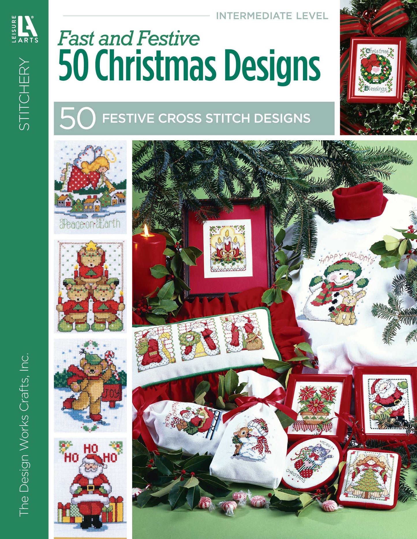 Cover of Leisure Arts' Cross Stitch Fast & Festive 50 Christmas Designs, featuring intermediate Christmas cross stitch patterns for 14 count Aida—includes towels, ornaments, and framed décor.