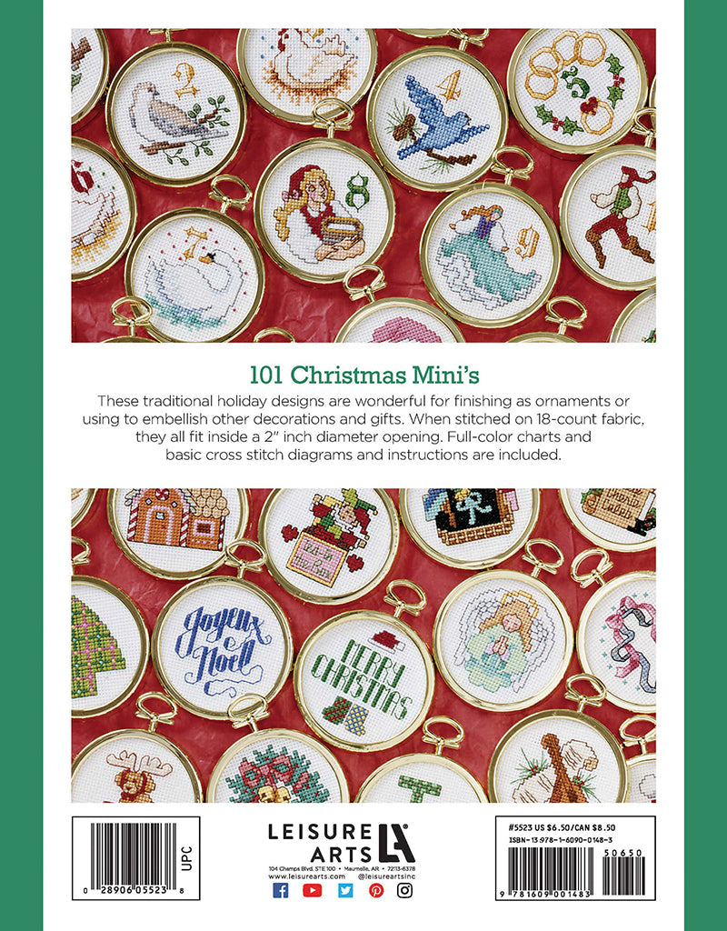 101 Christmas Minis Book 2 by Leisure Arts features small, round holiday cross stitch designs for embroidery hoops, including Santa, a snowman, wreaths, ornaments, and festive greetings displayed on a red background.
