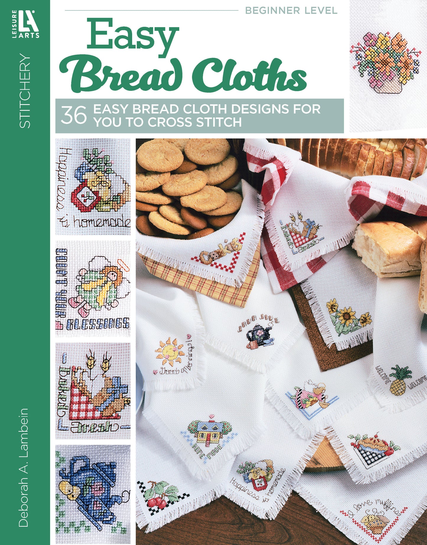 The Easy Bread Cloths Digital Download by Leisure Arts features a cover with cross-stitched bread cloths, vibrant designs, cookies and bread on plates, plus a side panel showing close-up embroidery patterns.