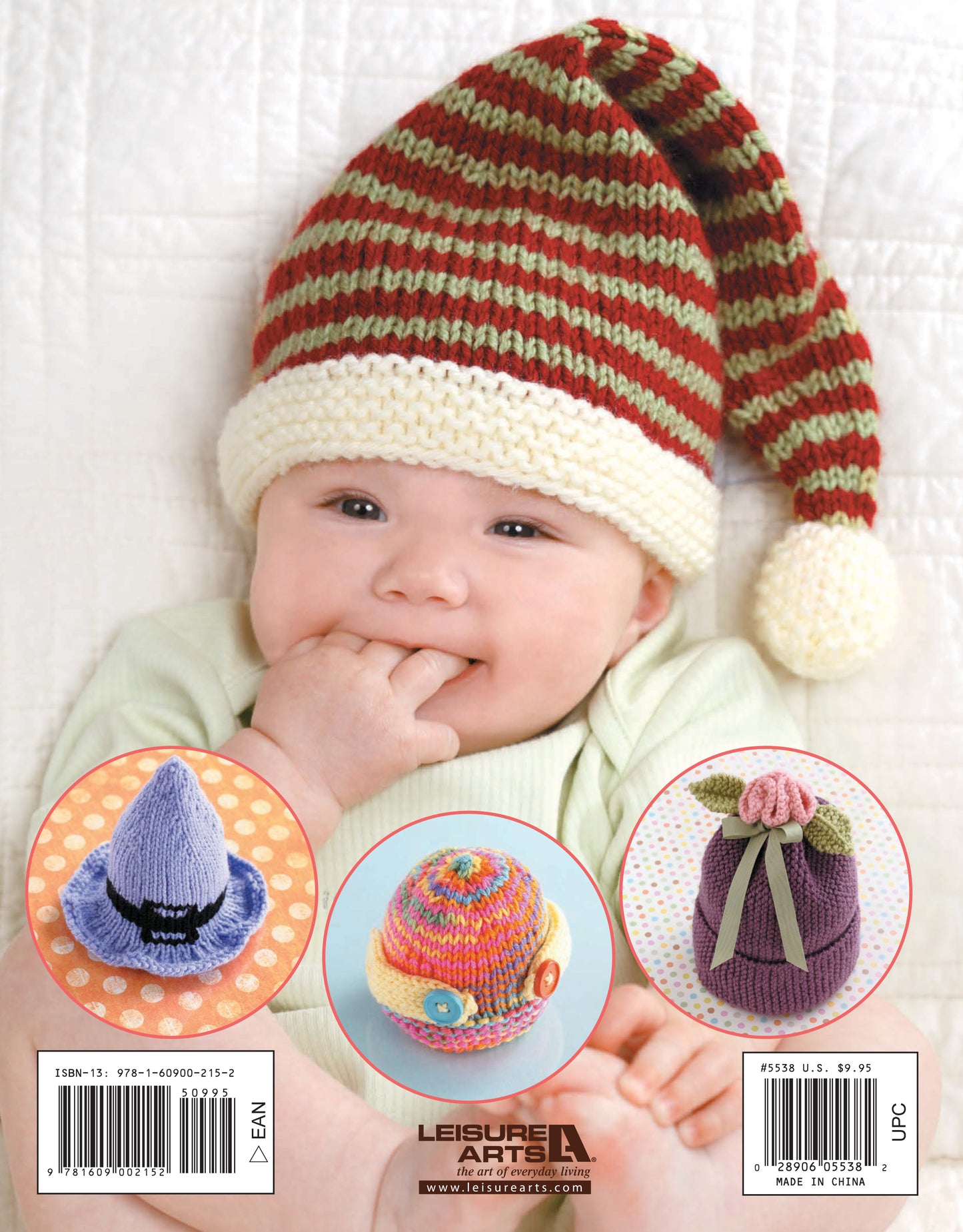 Back cover of Leisure Arts' Warm Hats for Wee Noggins featuring a baby in a red and green elf hat with pompom, plus three insets showing cute knit baby hats, including preemie and newborn patterns.