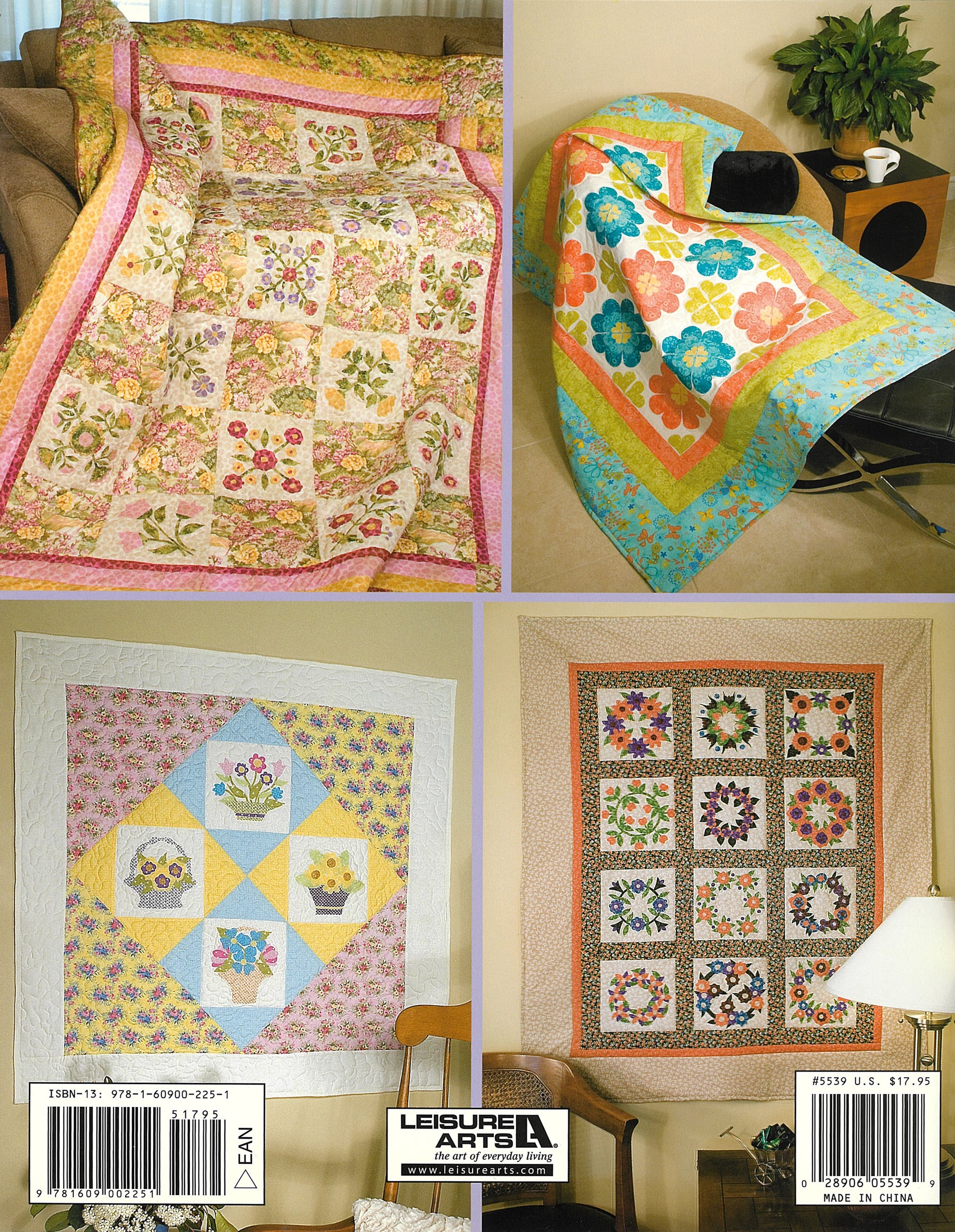 Four vibrant quilts created with blocks from Leisure Arts’ "100 Any-Size Applique Blocks" are displayed: two over couches, two on walls, showcasing intricate patterns in pink, yellow, blue, and more.